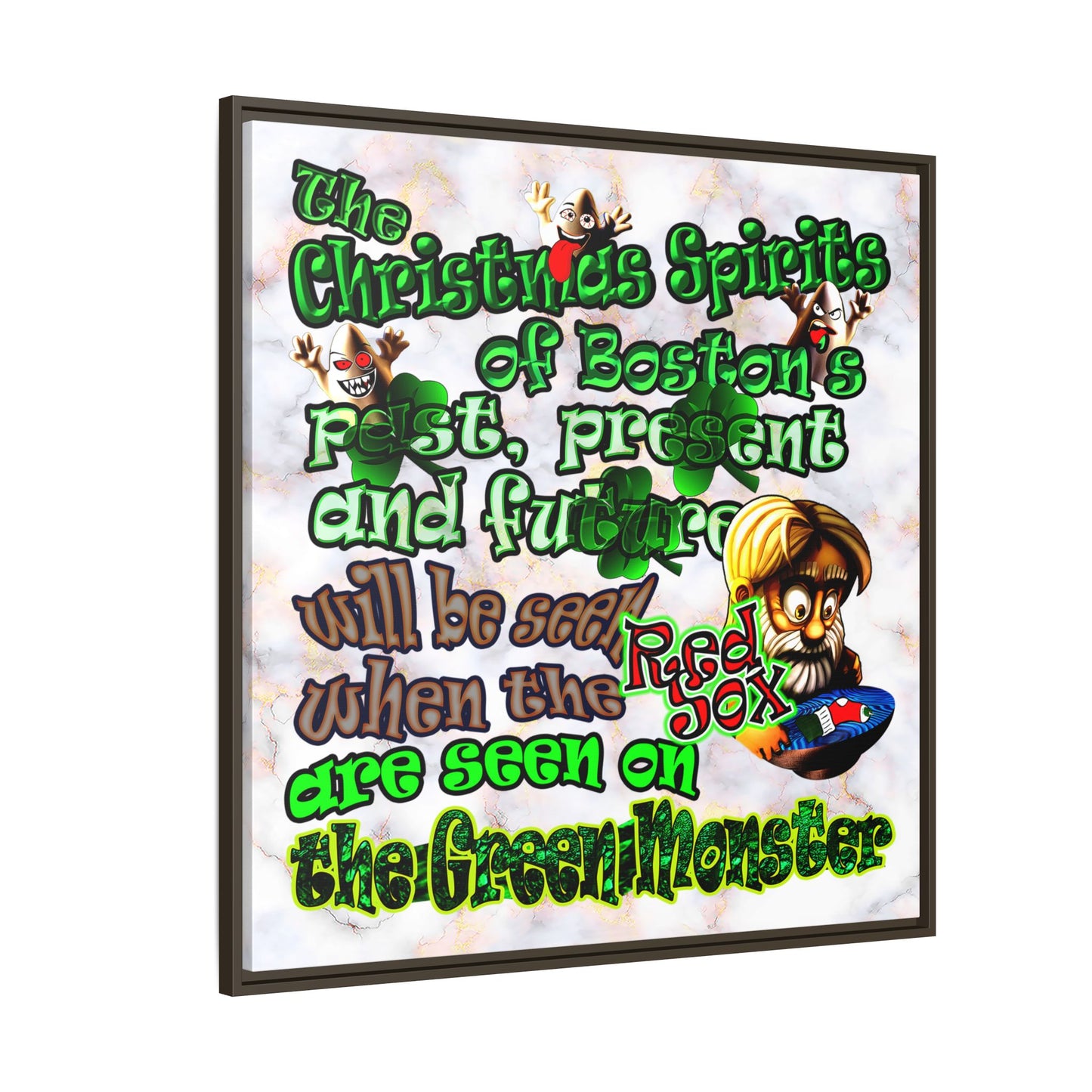 christmas spirits of boston - framed canvas art (white marble)