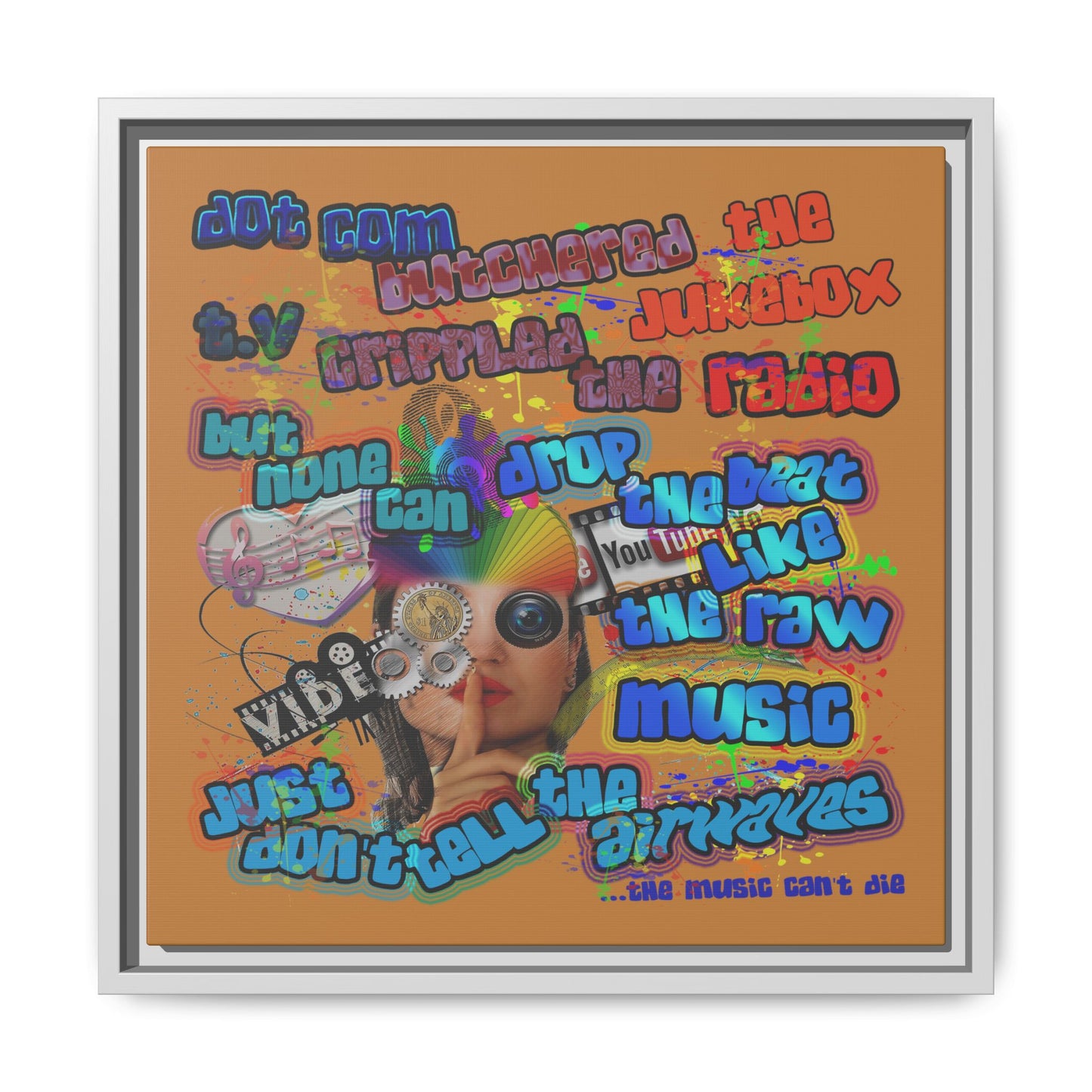 drop the beat - framed canvas art (light brown)
