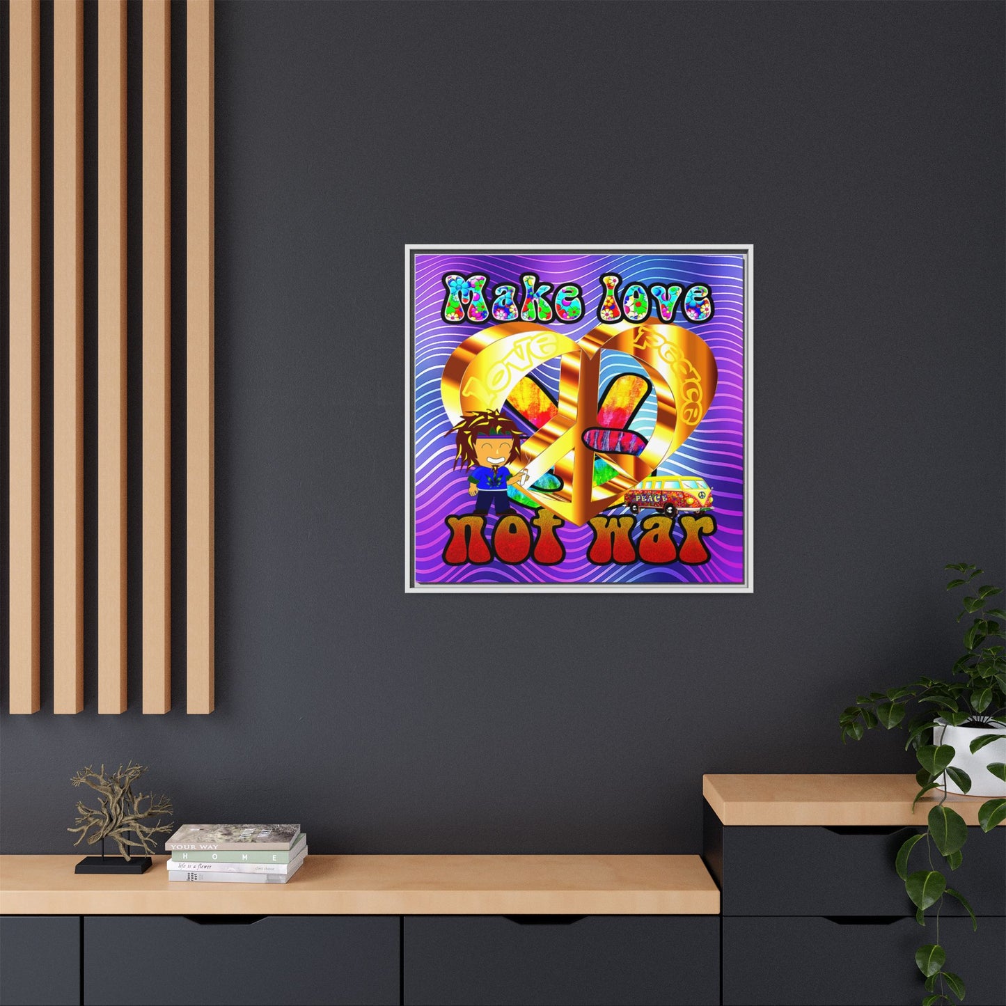 love peace - framed canvas art (purple wave)