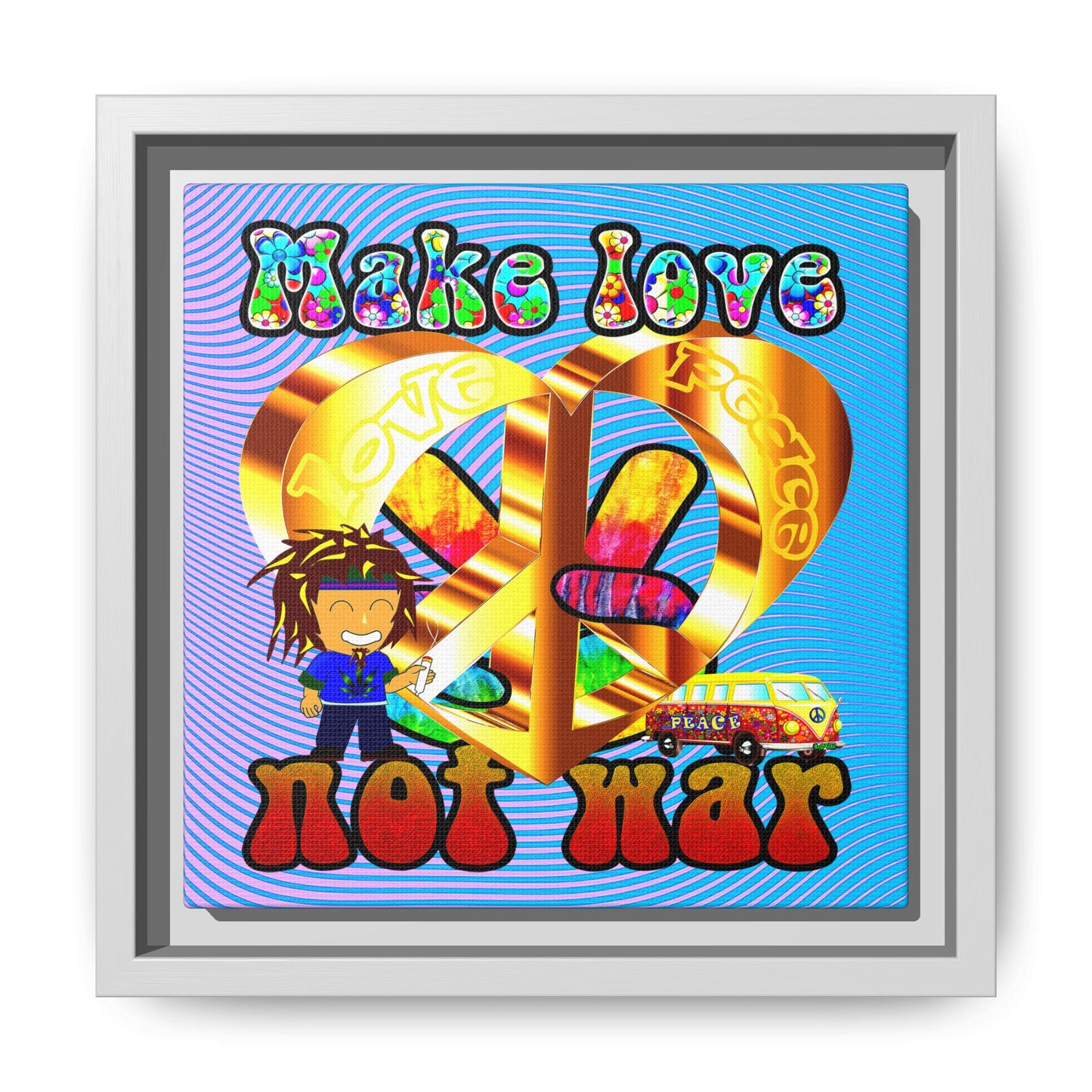 love peace - framed canvas art (light blue-purple wave)