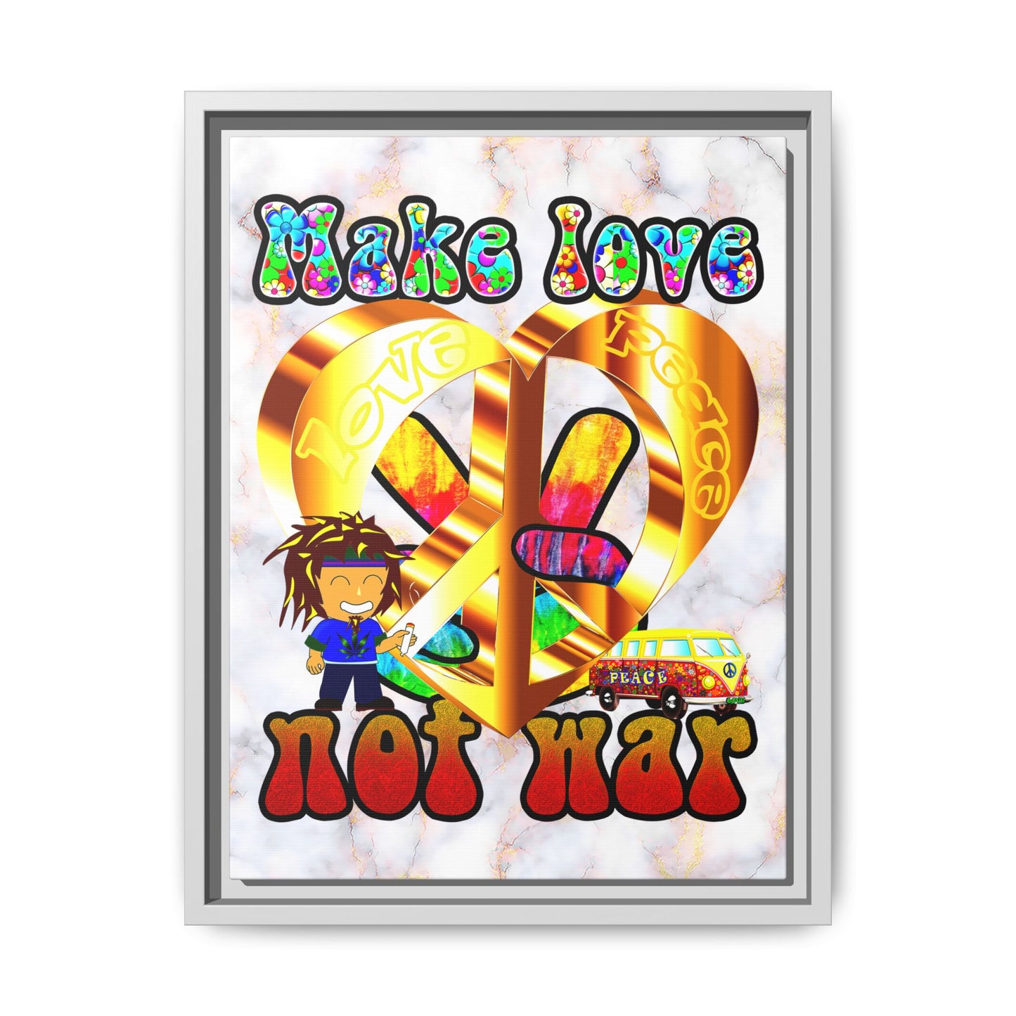 love peace - framed canvas art (white marble)
