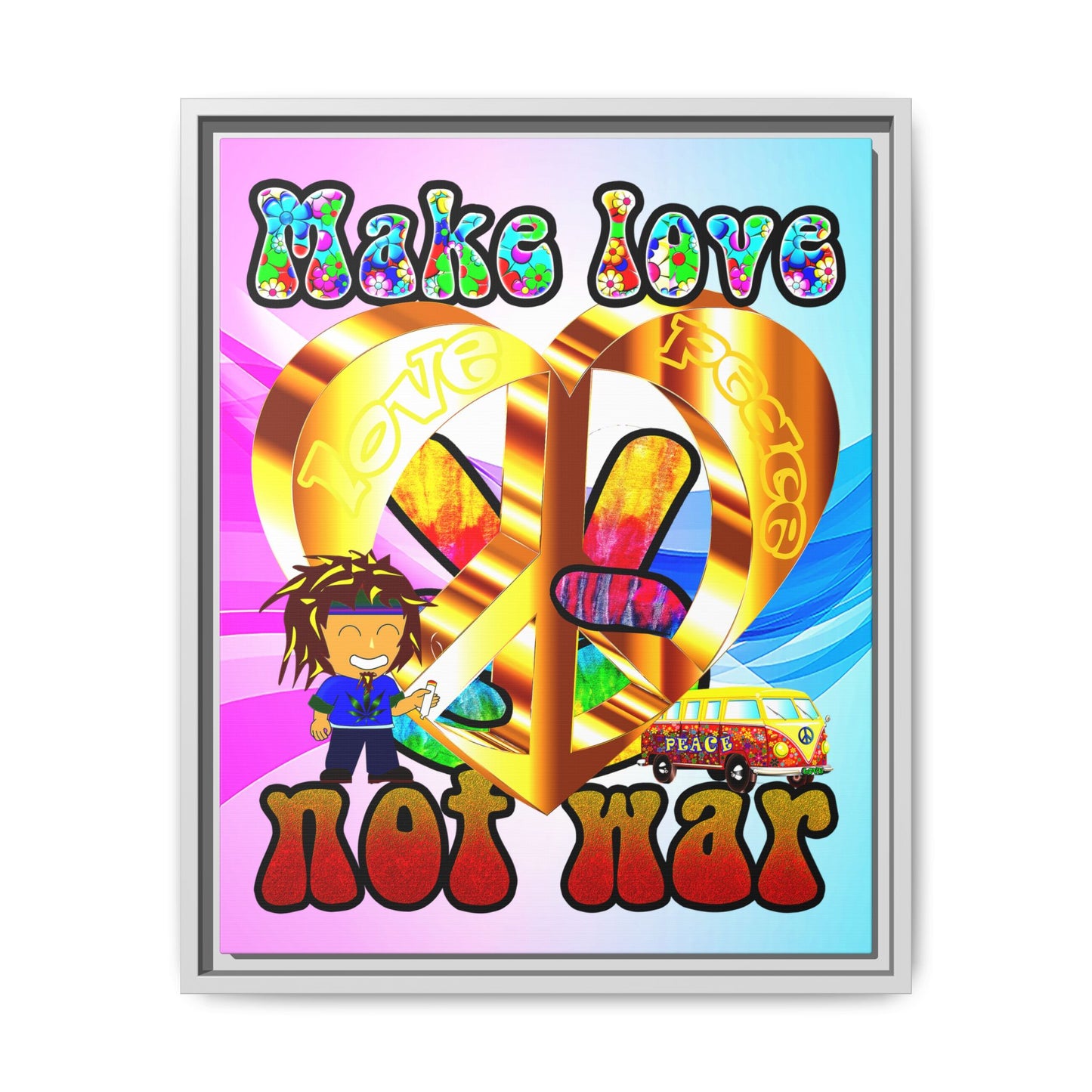 love peace - framed canvas art (light blue-pink wave)
