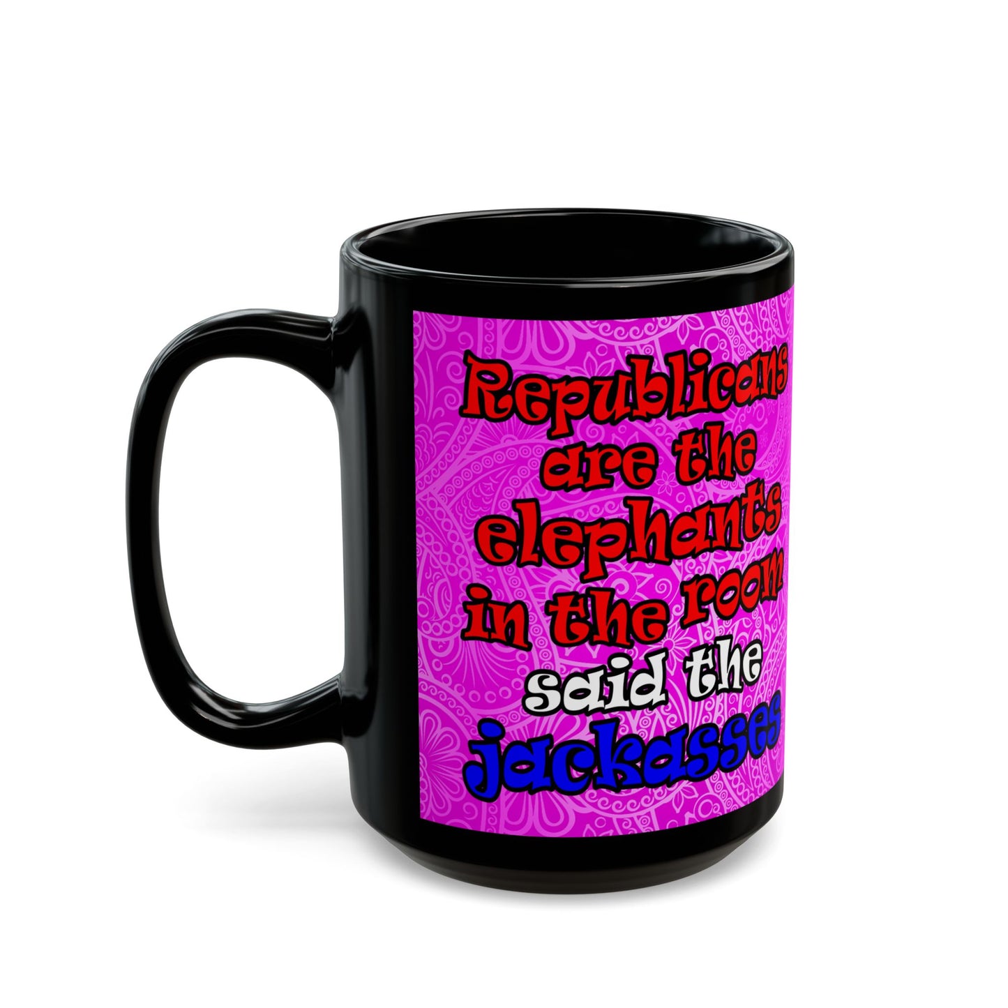 donkeys and elephants - Black Mug (pink swirl)