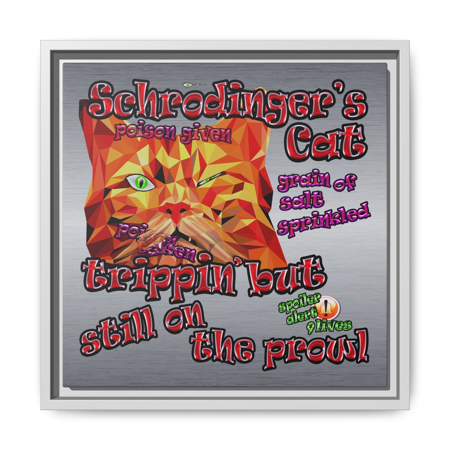 schrodinger's cat - framed canvas art (brushed nickel)