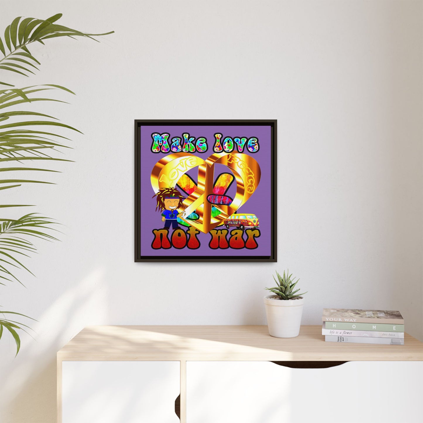 love peace - framed canvas art (light purple)