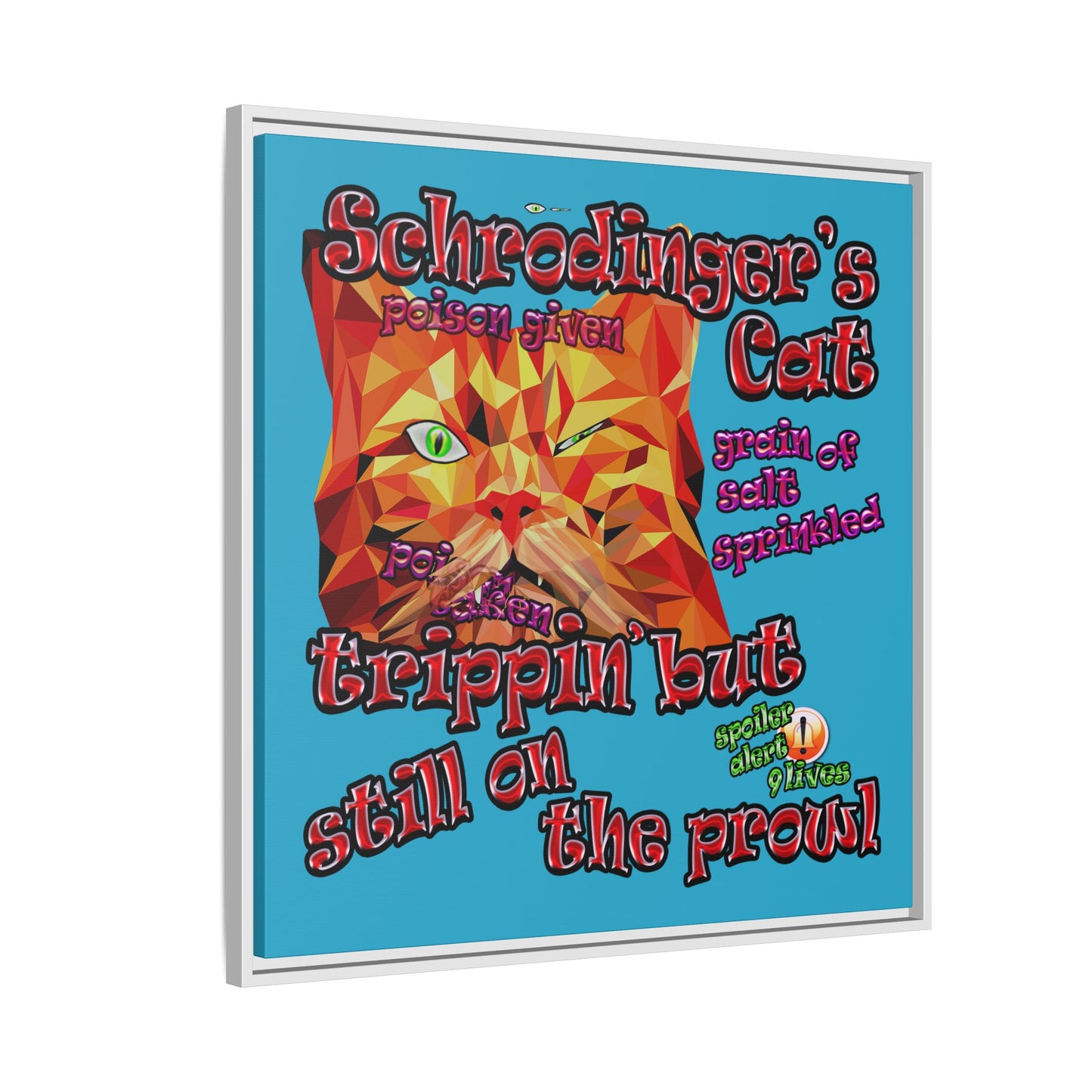 schrodinger's cat - framed canvas art (turquoise)
