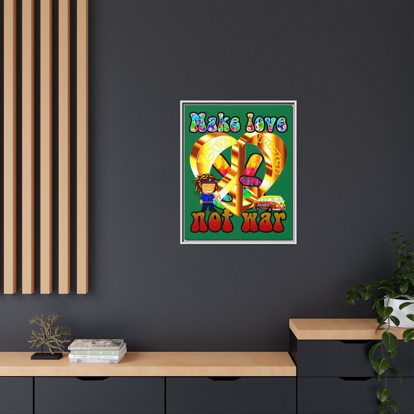love peace - framed canvas art (dark green)