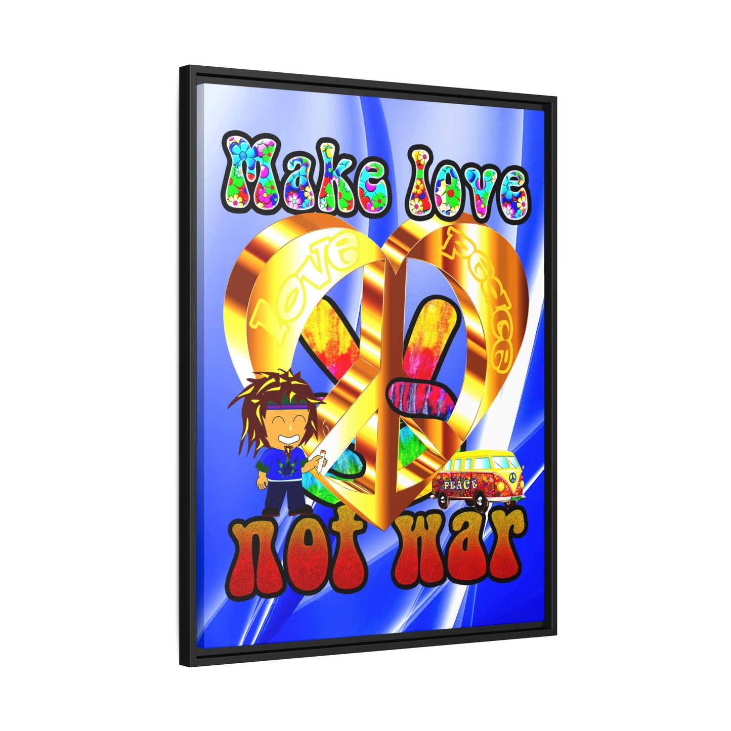 love peace - framed canvas art (blue-white wave)