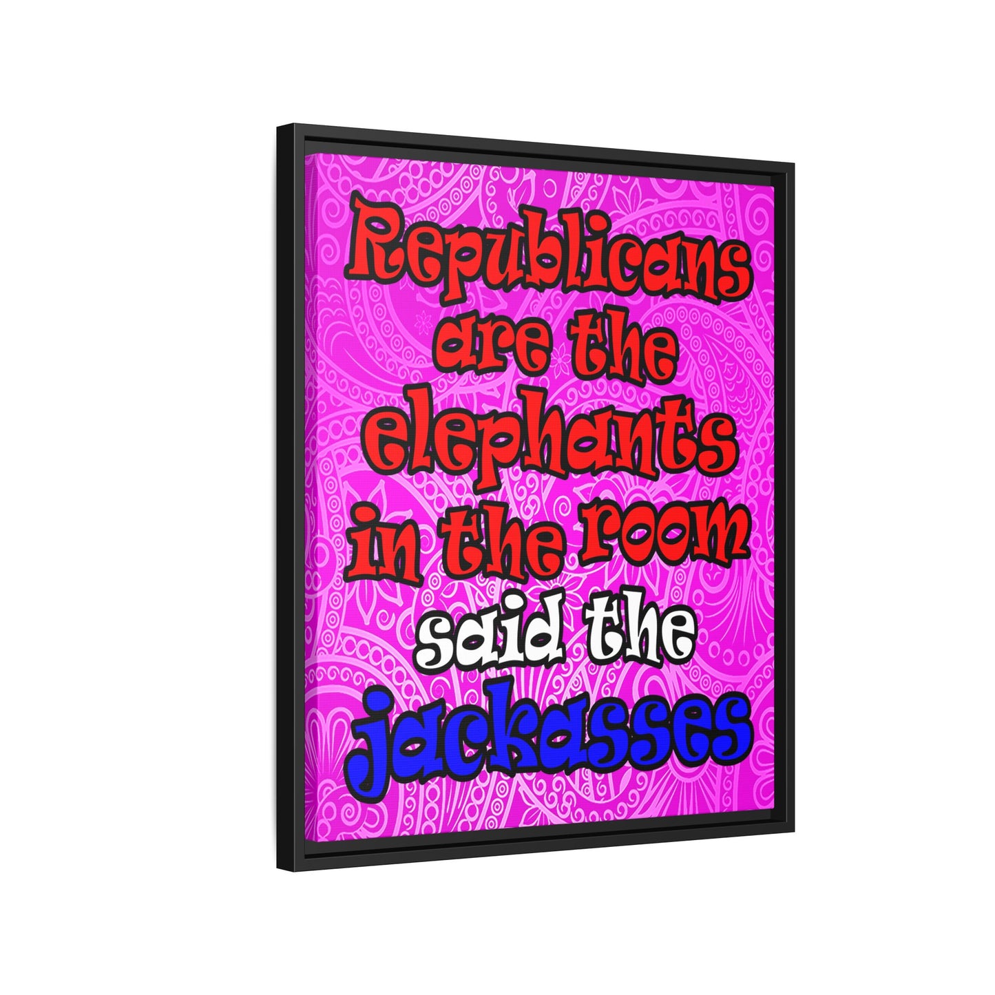 donkeys and elephants - framed canvas art (pink swirl)