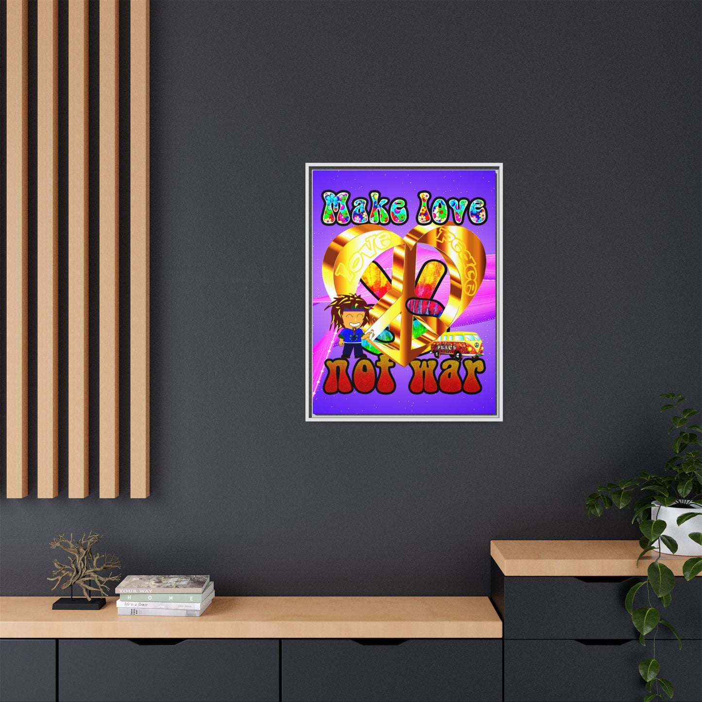 love peace - framed canvas art (purple-pink wave)