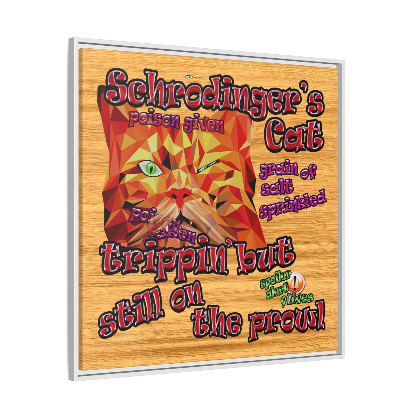 schrodinger's cat - framed canvas art (butterscotch wood finish)