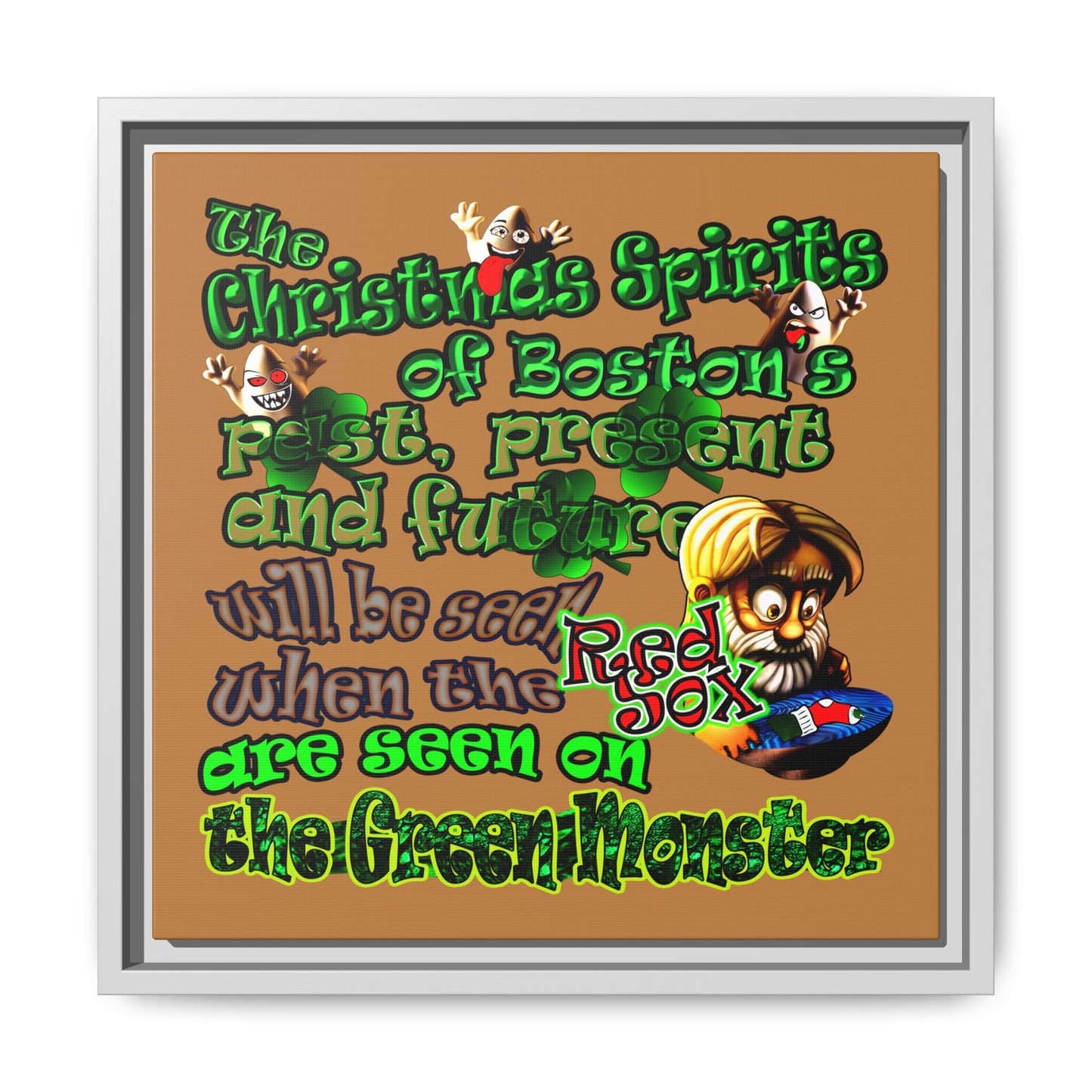christmas spirits of boston - framed canvas art (light brown)