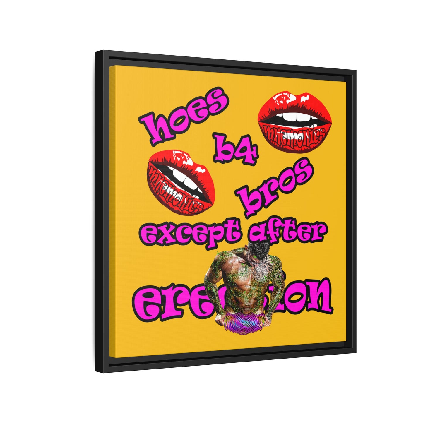 hoes b4 bros - framed canvas art (yellow)