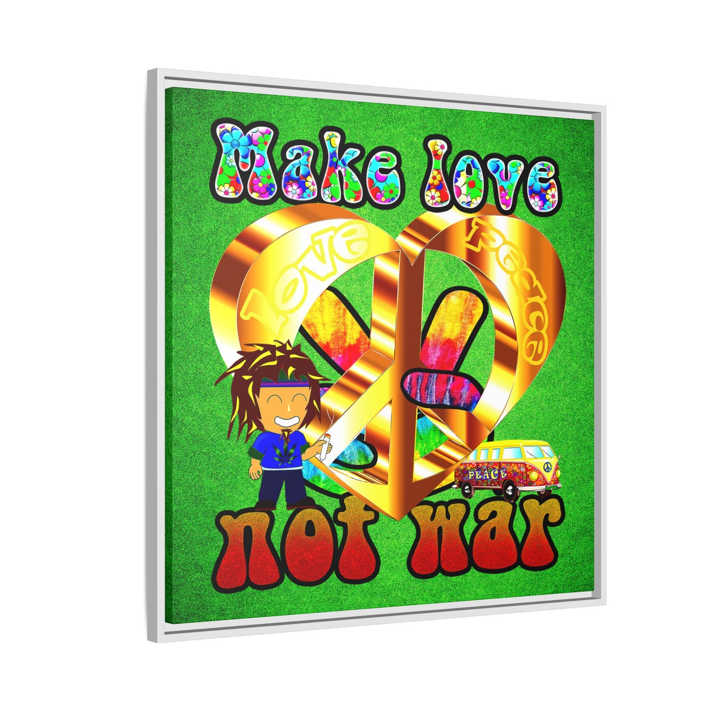 love peace - framed canvas art (green turf)