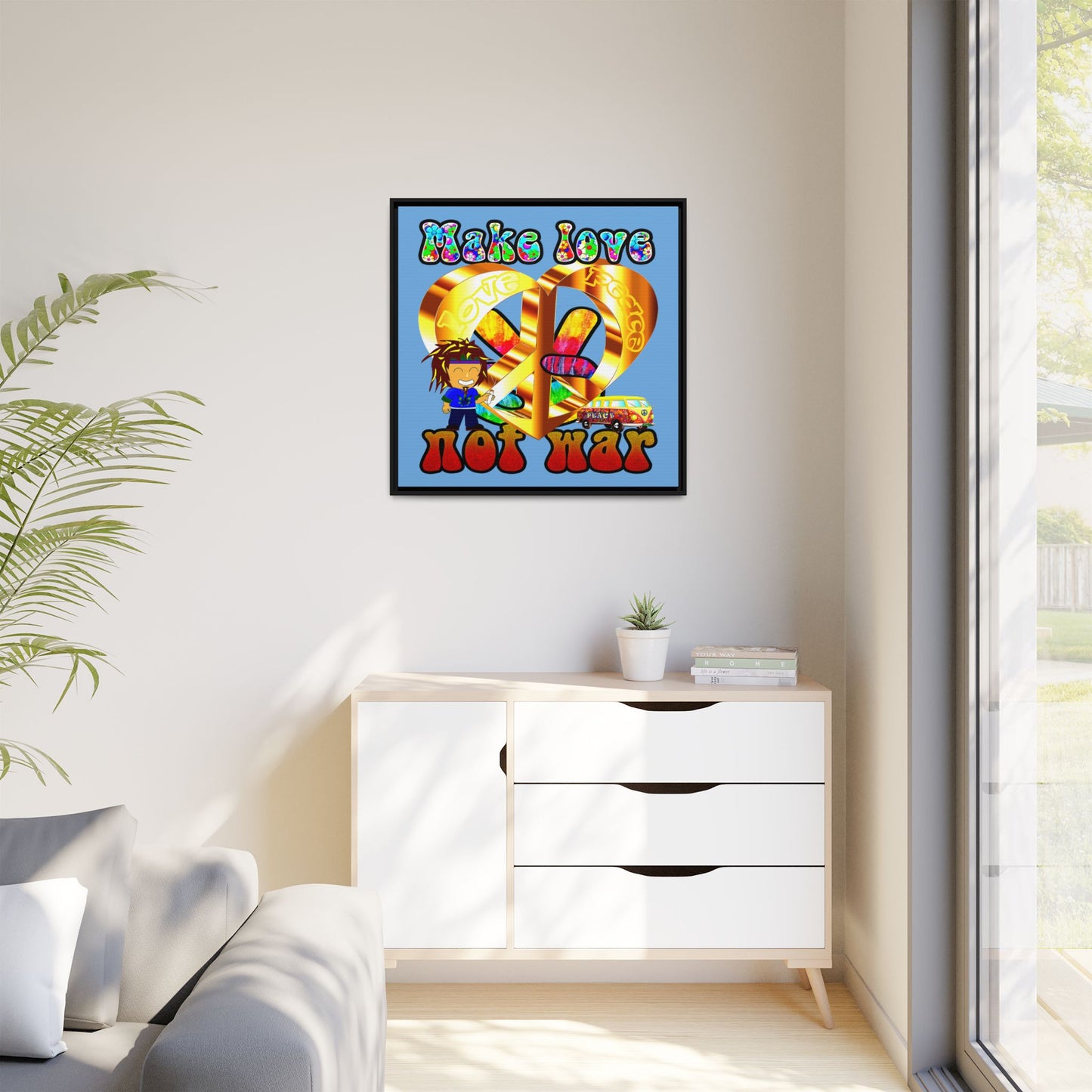 love peace - framed canvas art (light blue)