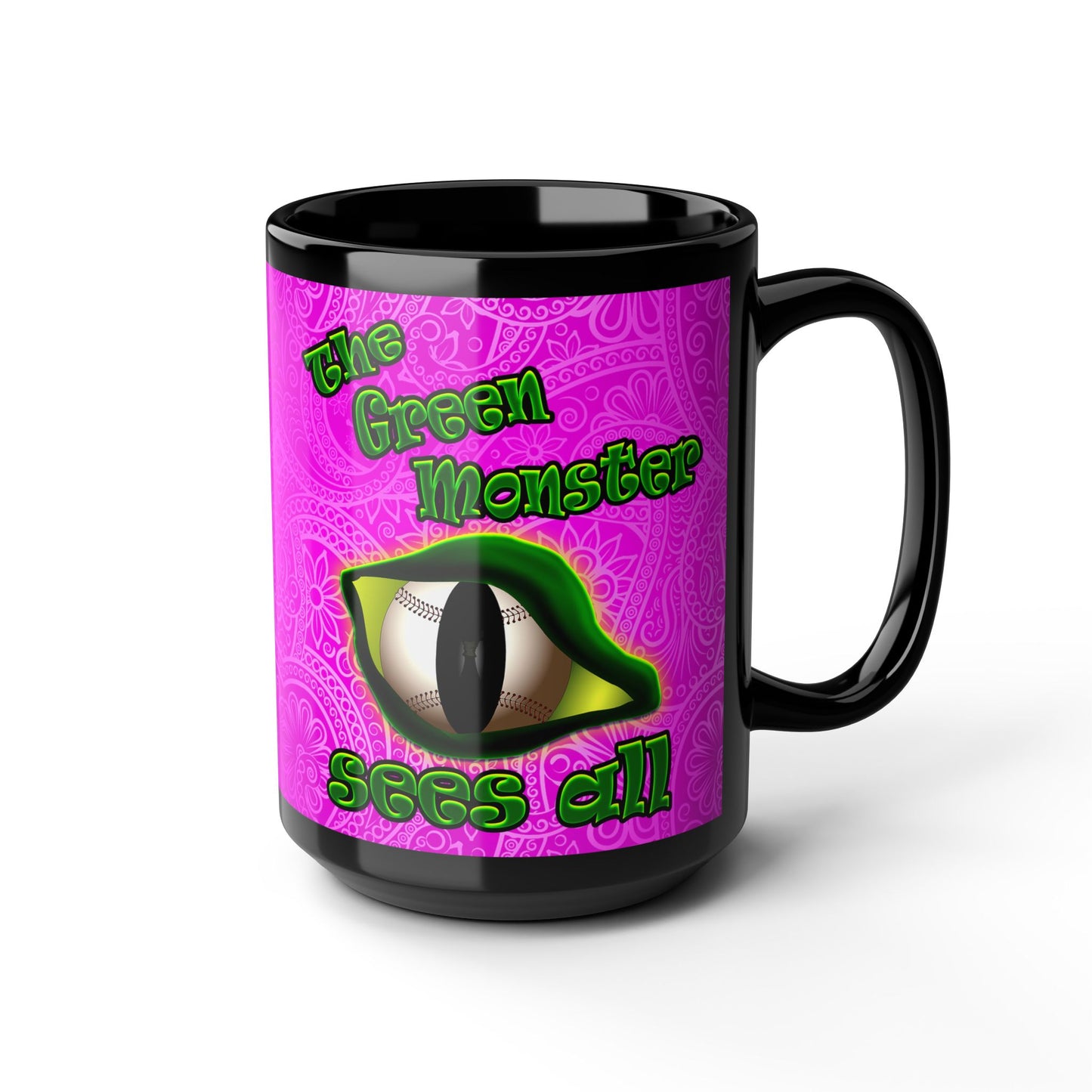 green monster - Black Mug (pink swirl)