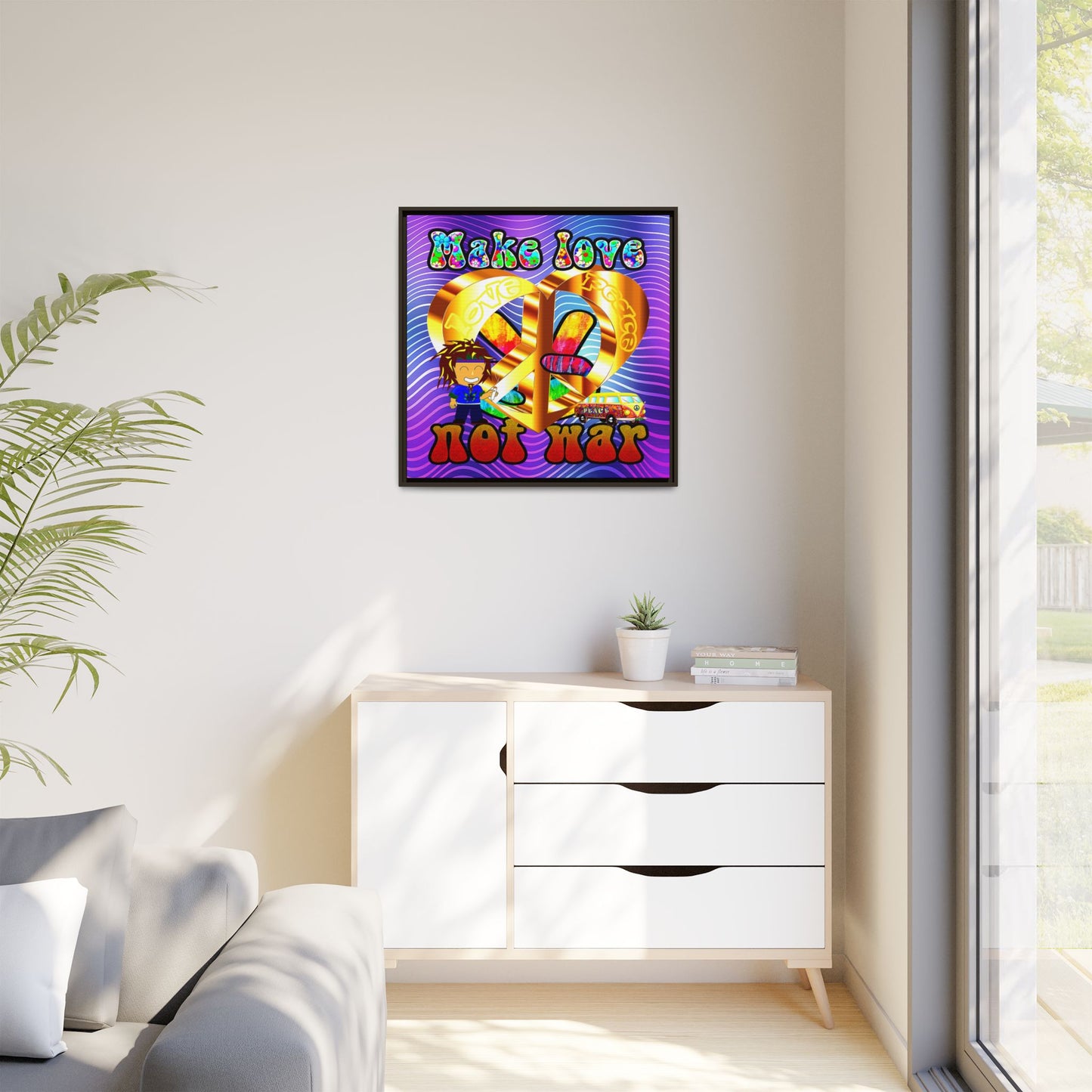 love peace - framed canvas art (purple wave)