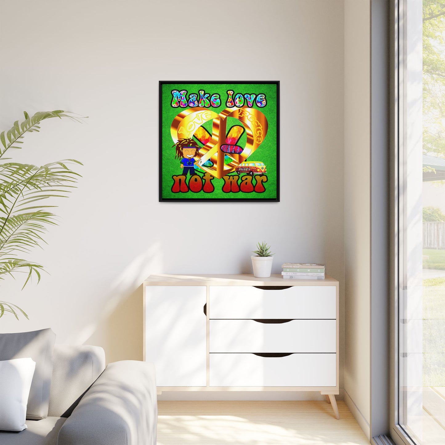 love peace - framed canvas art (green turf)