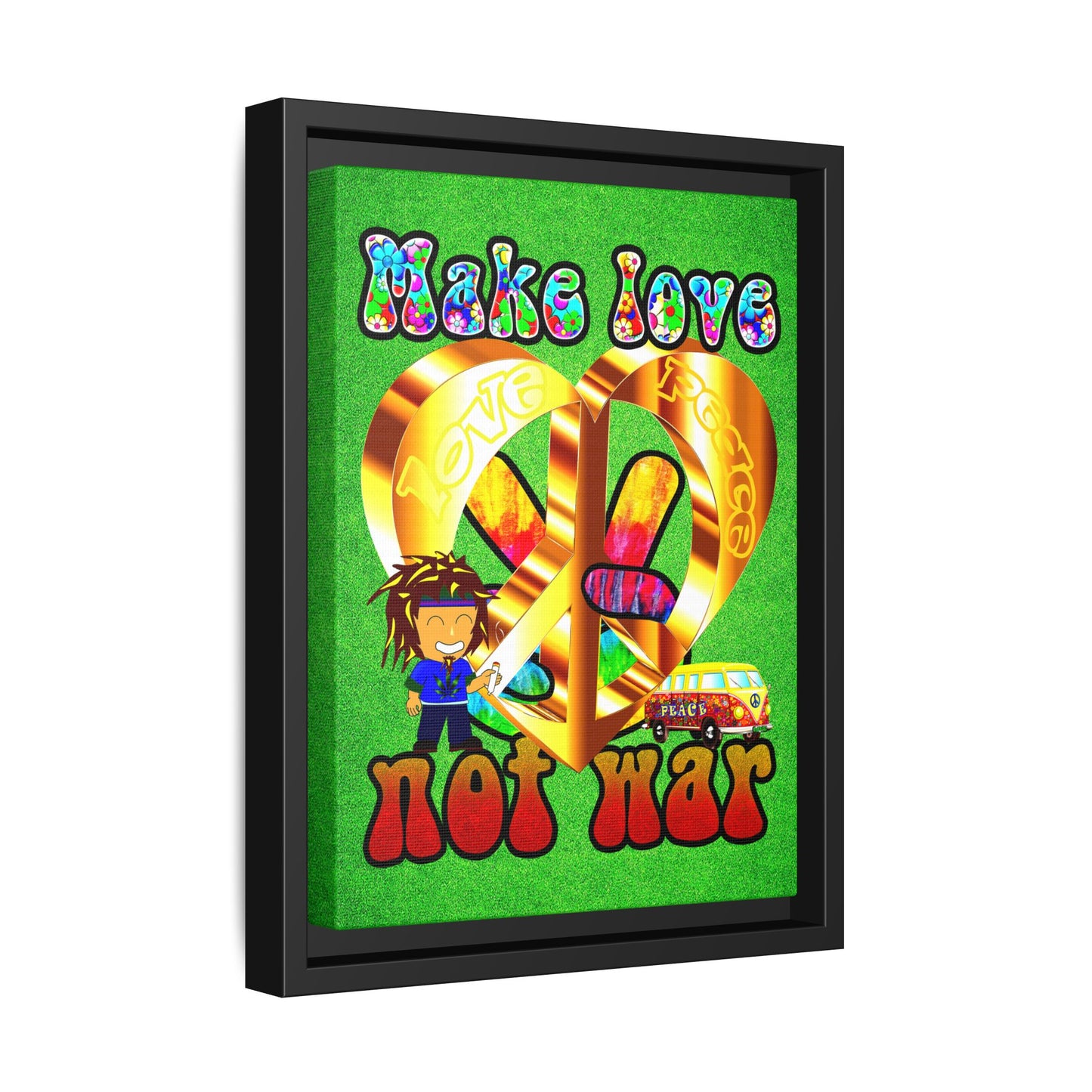 love peace - framed canvas art (green turf)