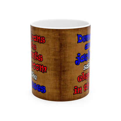 donkeys and elephants - White Mug (brown papyrus)
