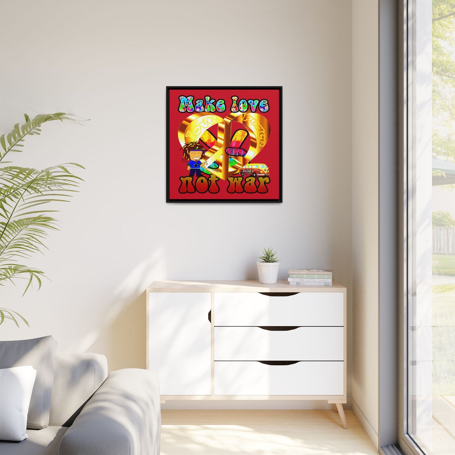 love peace - framed canvas art (dark red)