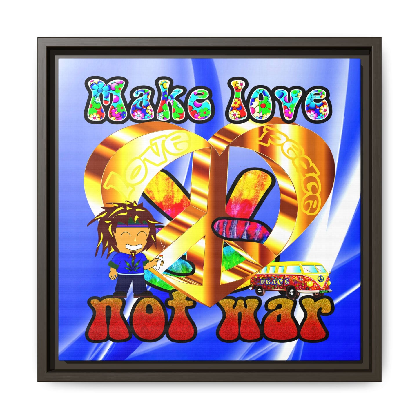 love peace - framed canvas art (blue-white wave)