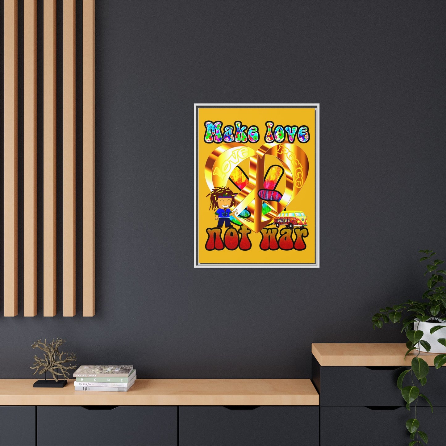 love peace - framed canvas art (yellow)