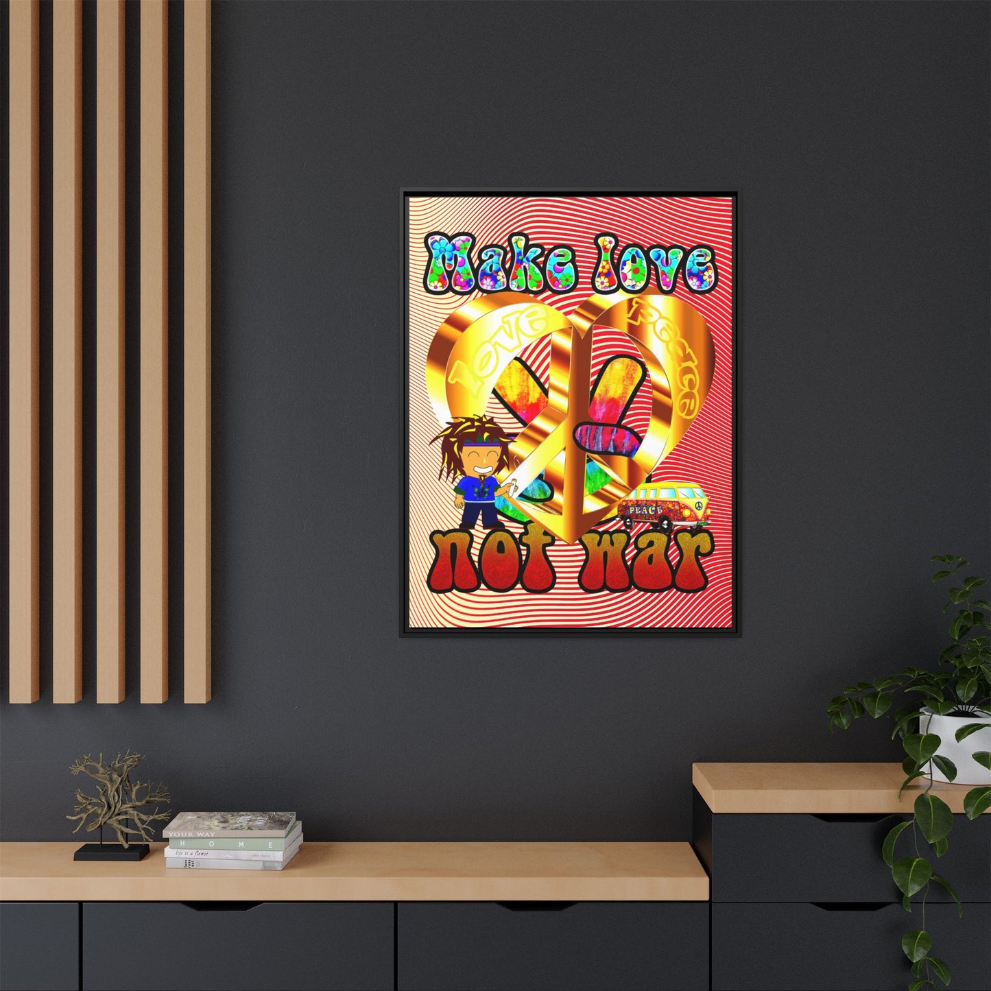love peace - framed canvas art (yellow-orange wave)