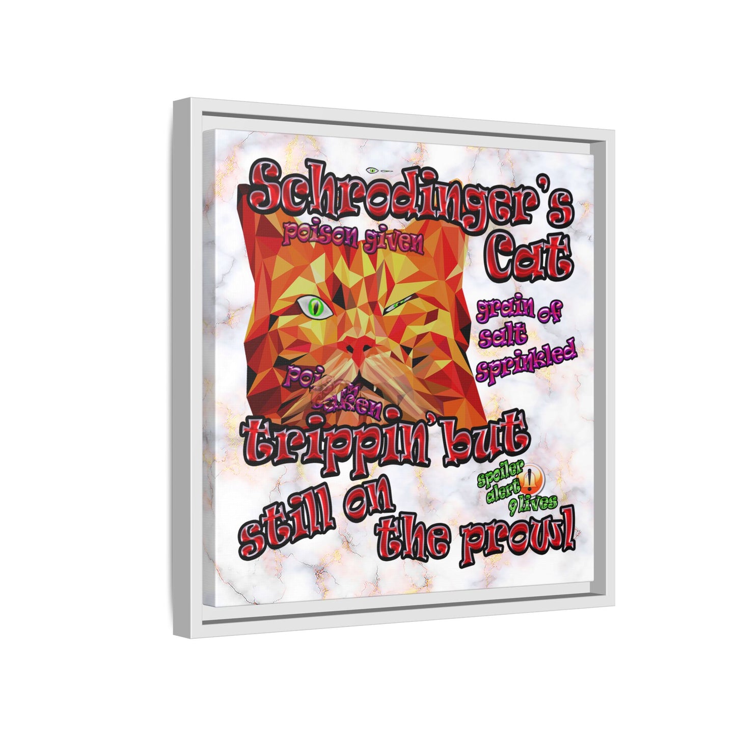 schrodinger's cat - framed canvas art (white marble)