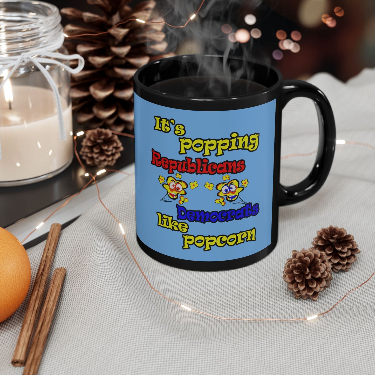 popping like popcorn - Black Mug (light blue)
