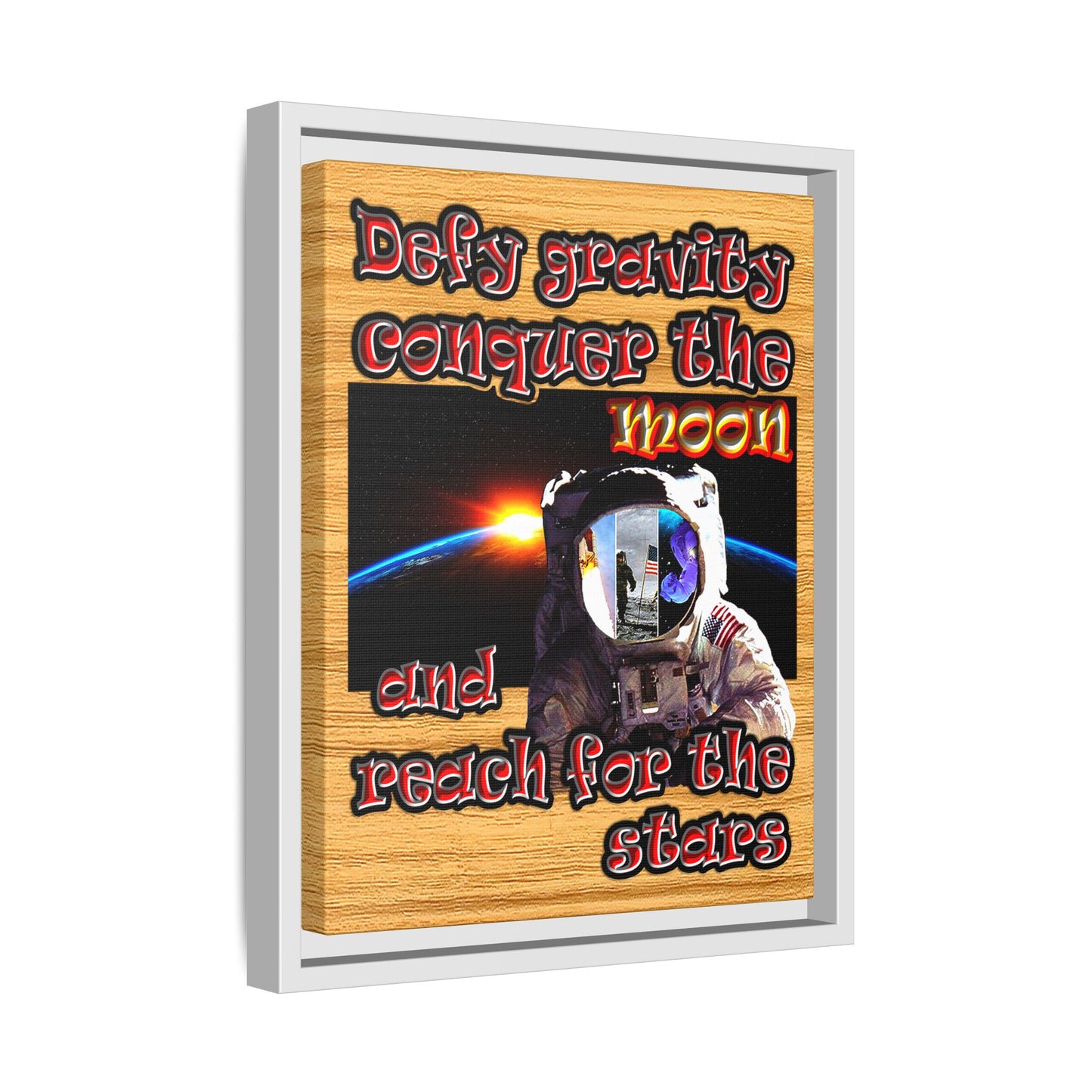 defy conquer reach - framed canvas art (butterscotch wood finish)