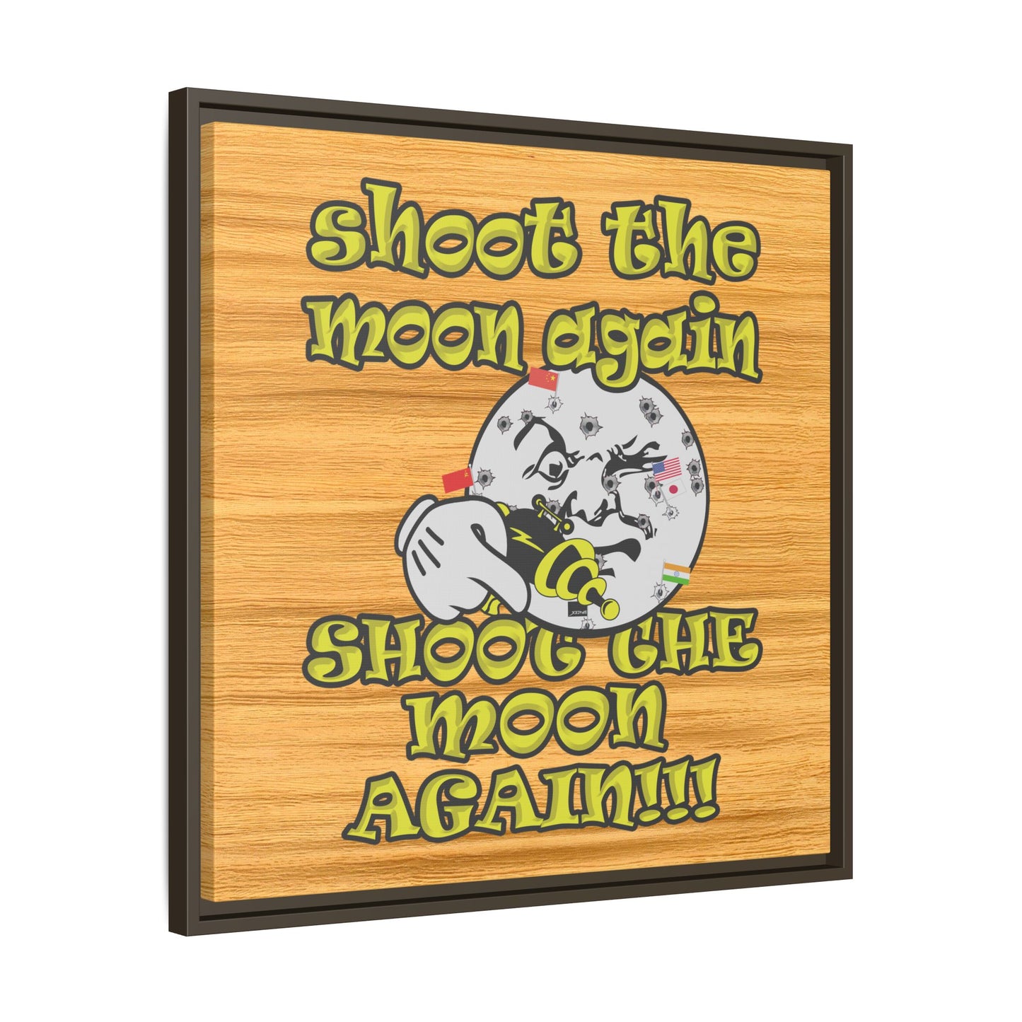 shoot the moon again - framed canvas art (butterscotch wood finish)