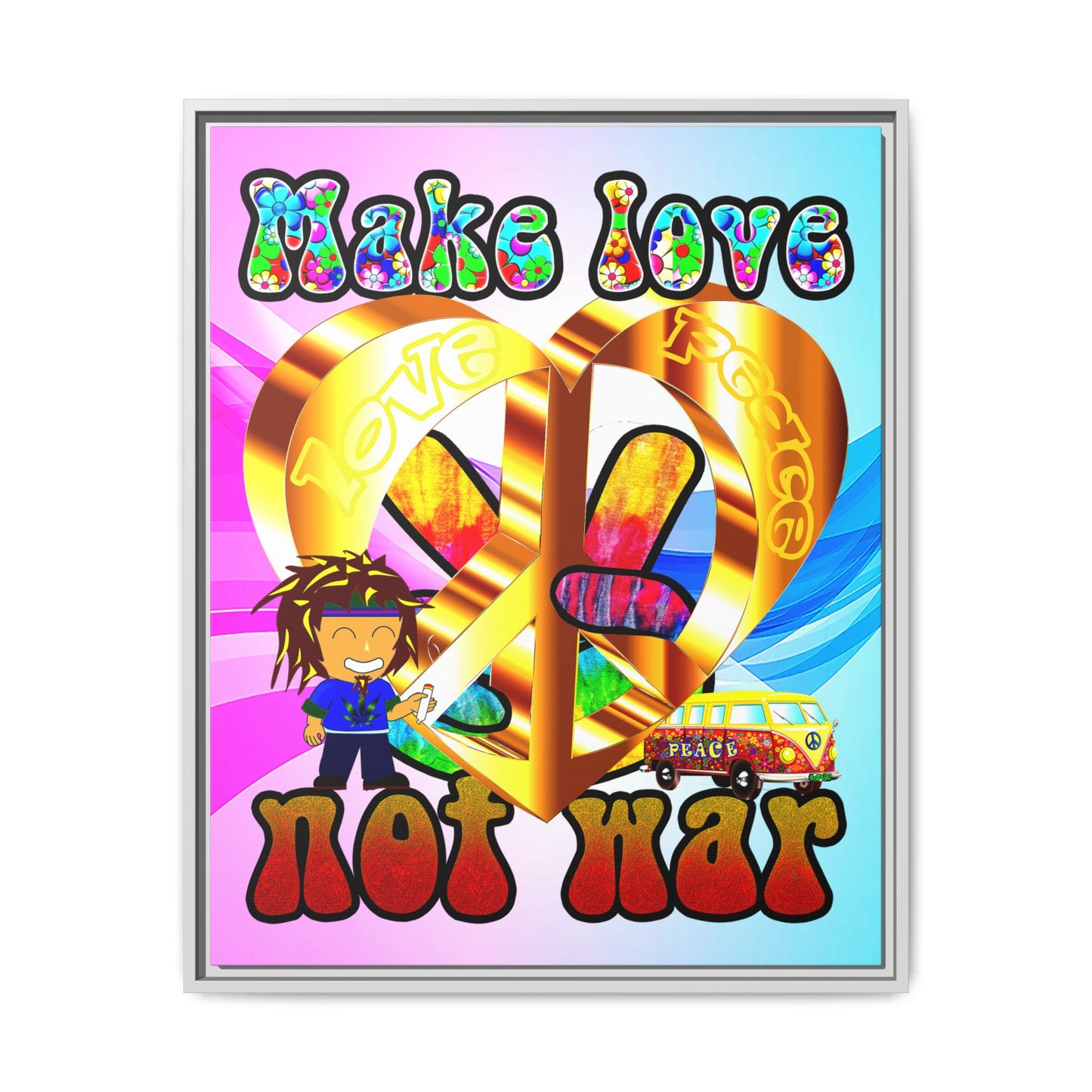 love peace - framed canvas art (light blue-pink wave)