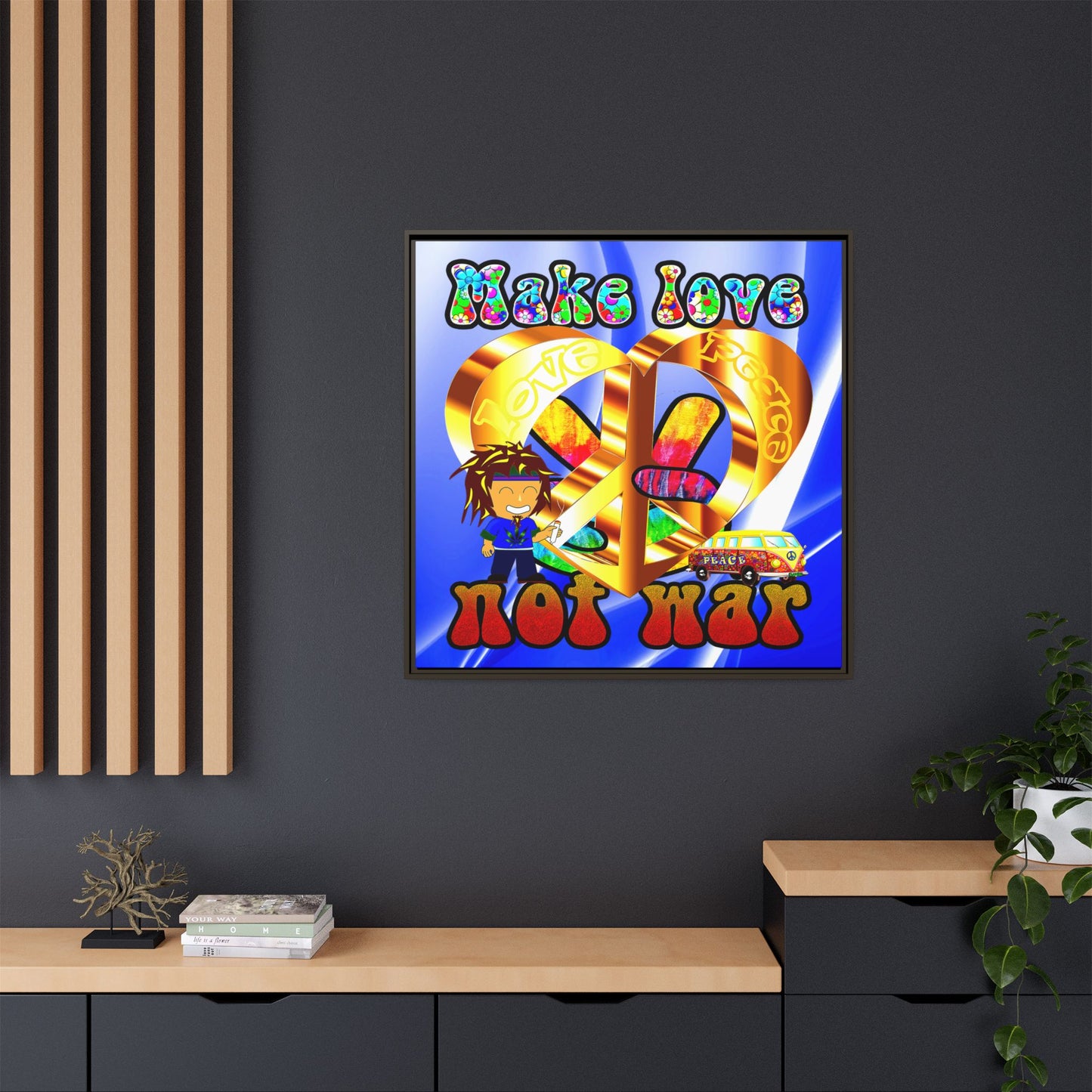 love peace - framed canvas art (blue-white wave)