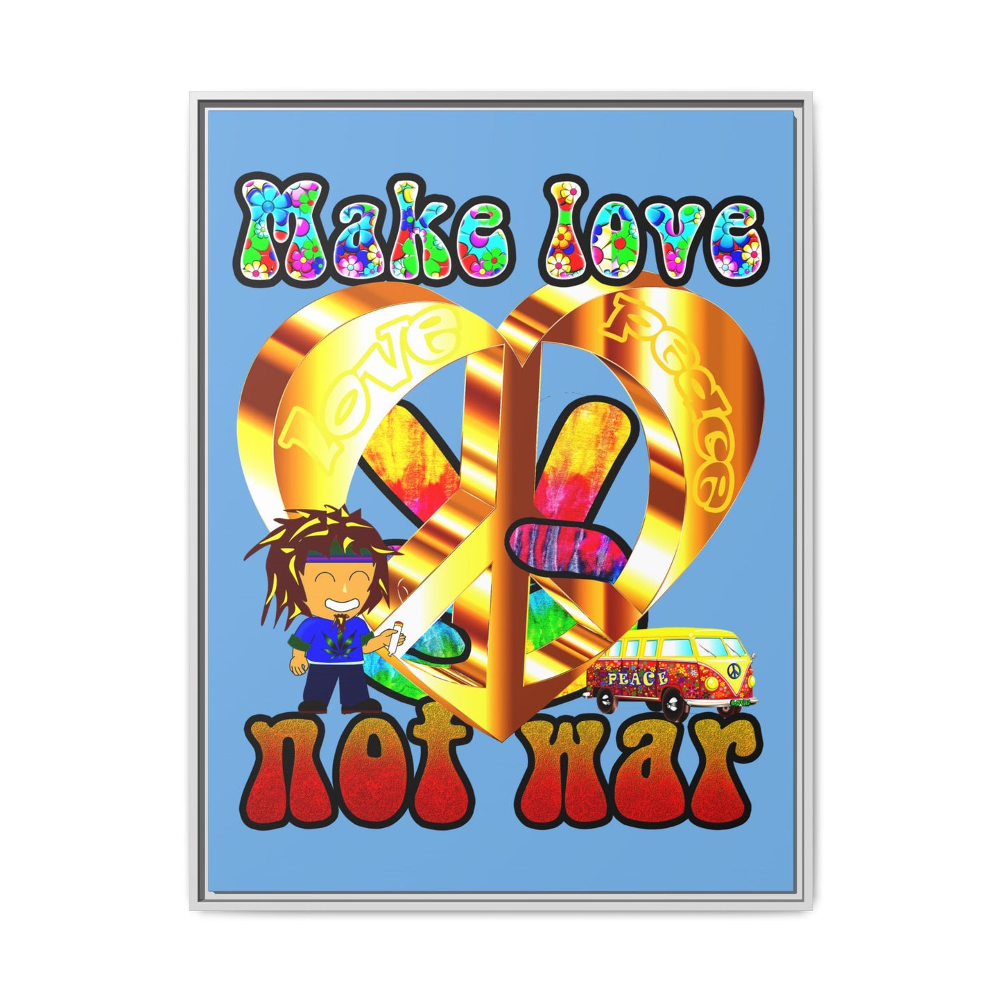 love peace - framed canvas art (light blue)