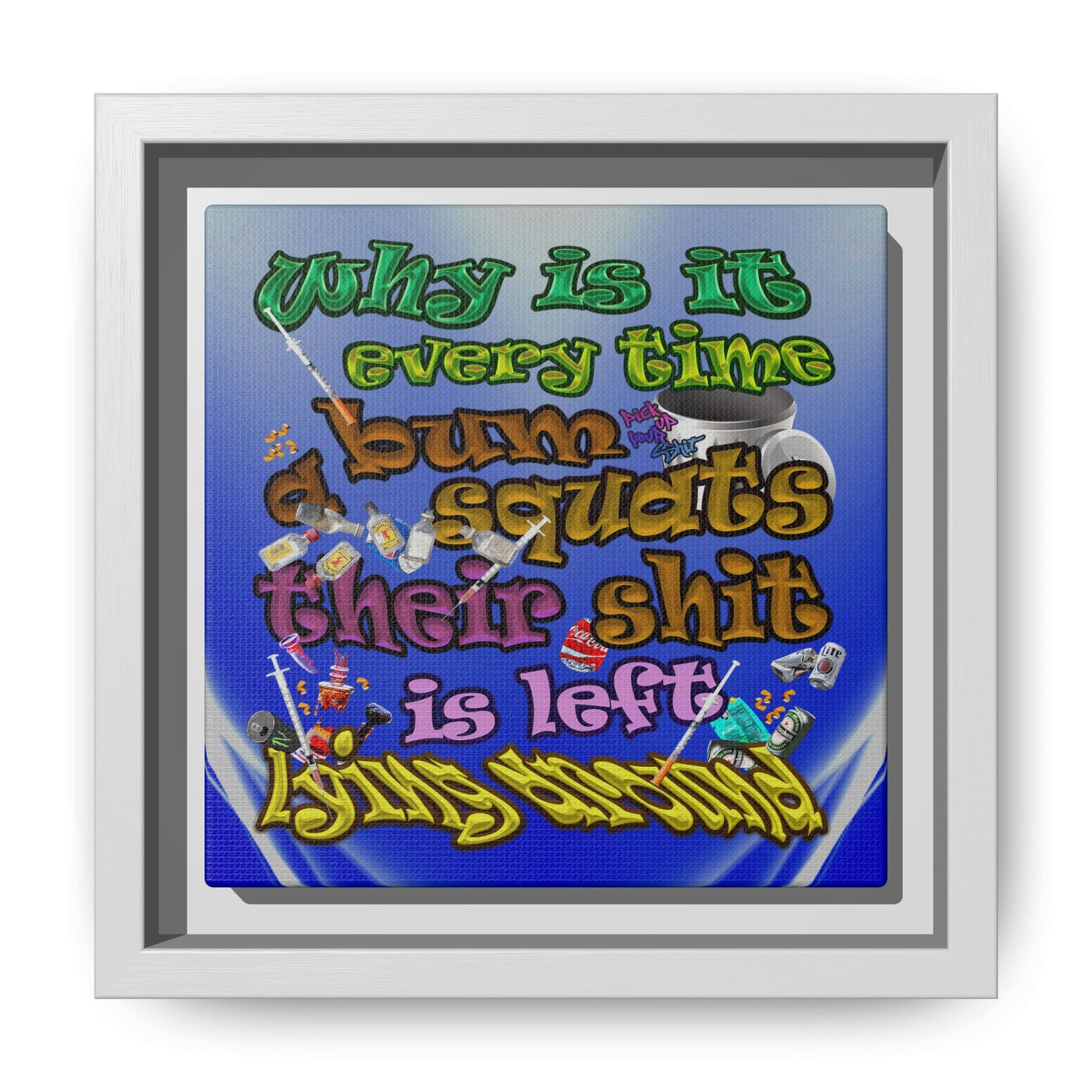 the bum's shit - framed canvas art (blue-white wave)