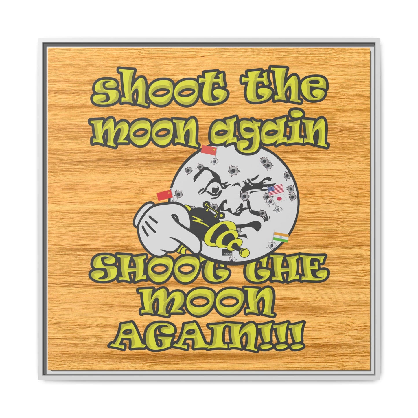 shoot the moon again - framed canvas art (butterscotch wood finish)