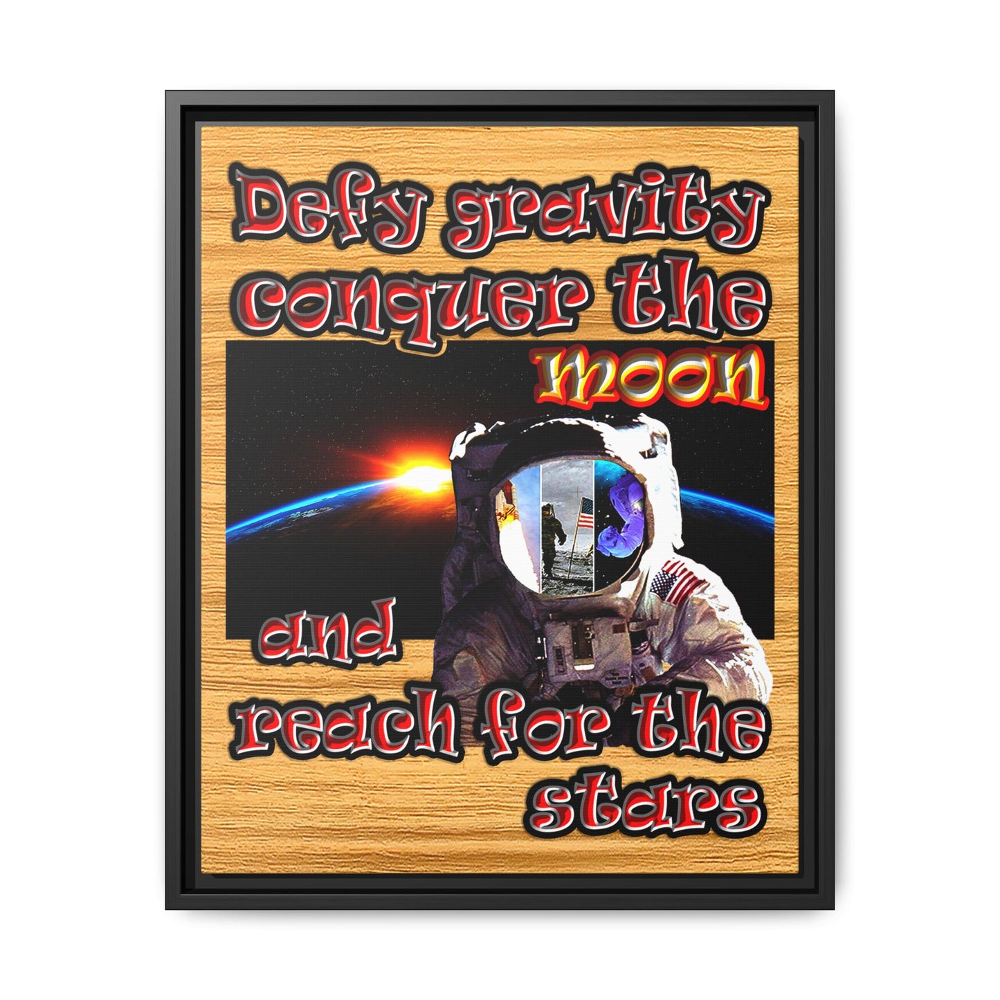 defy conquer reach - framed canvas art (butterscotch wood finish)