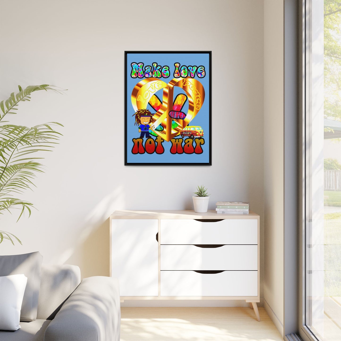 love peace - framed canvas art (light blue)