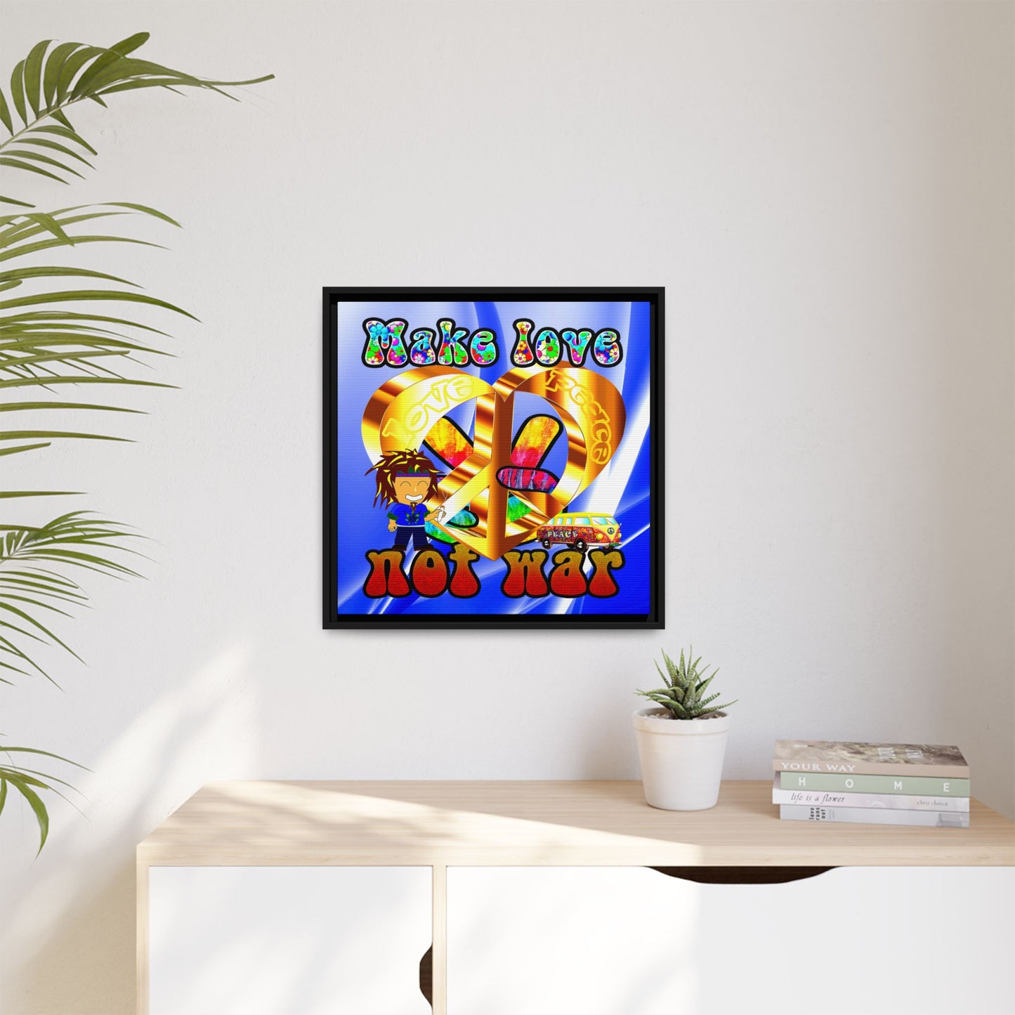 love peace - framed canvas art (blue-white wave)