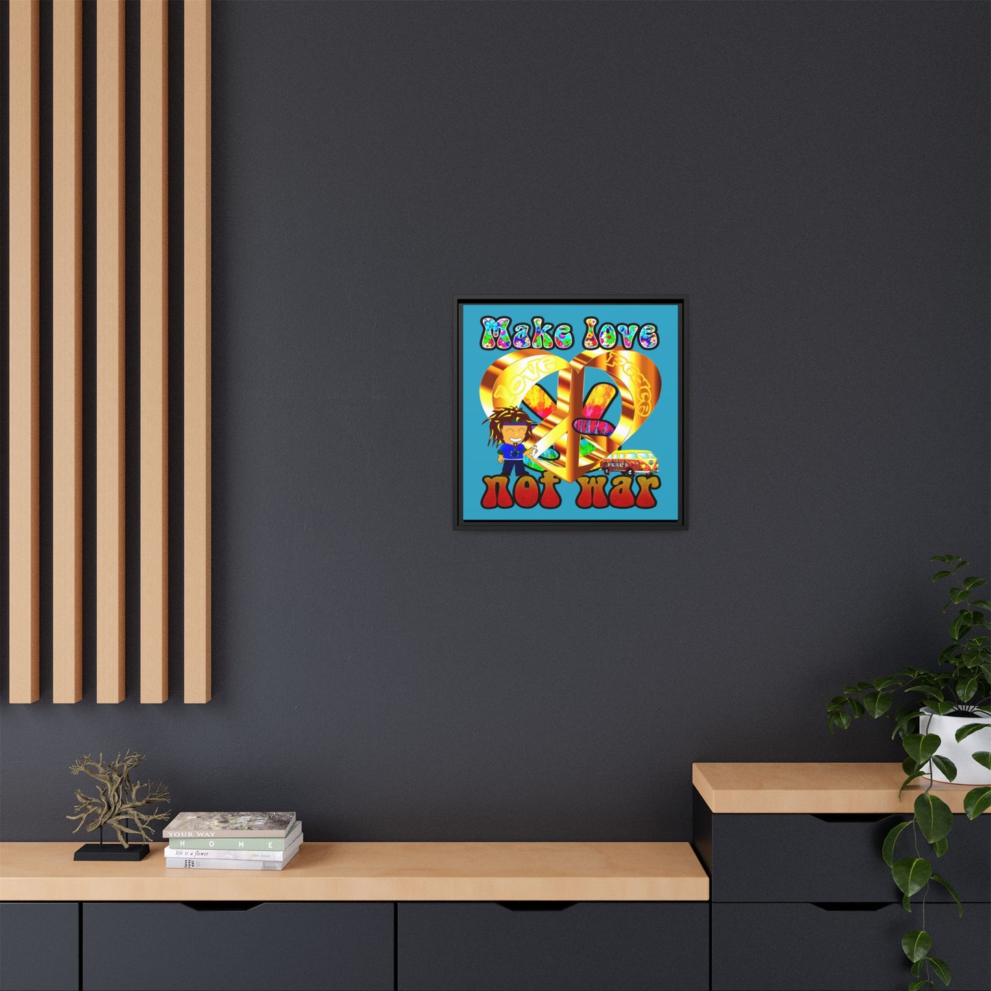 love peace - framed canvas art (turquoise)