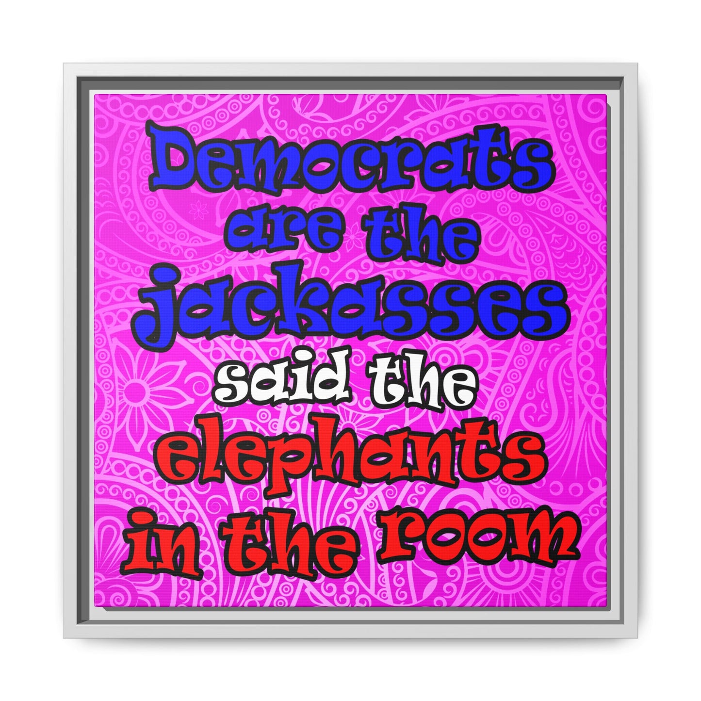 donkeys and elephants - framed canvas art (pink swirl)