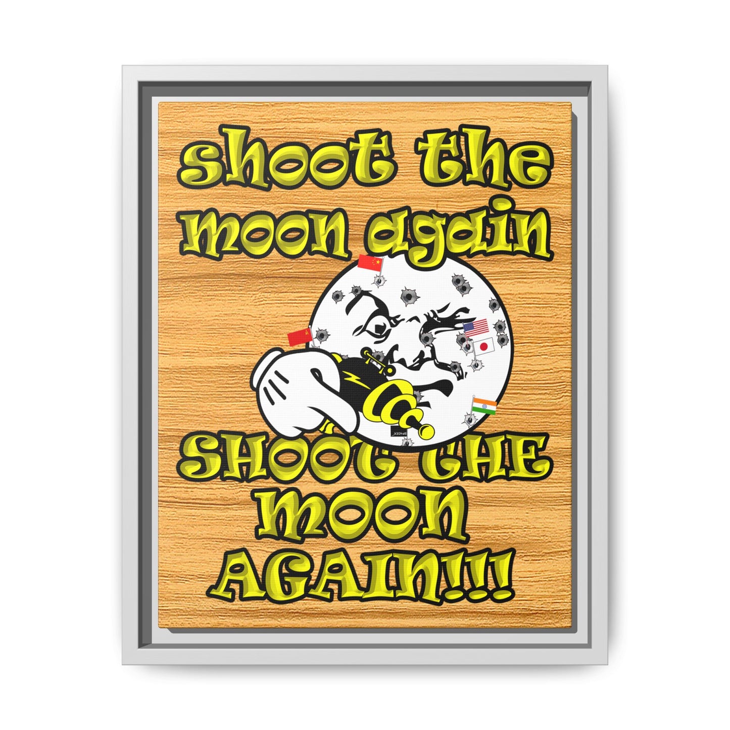 shoot the moon again - framed canvas art (butterscotch wood finish)