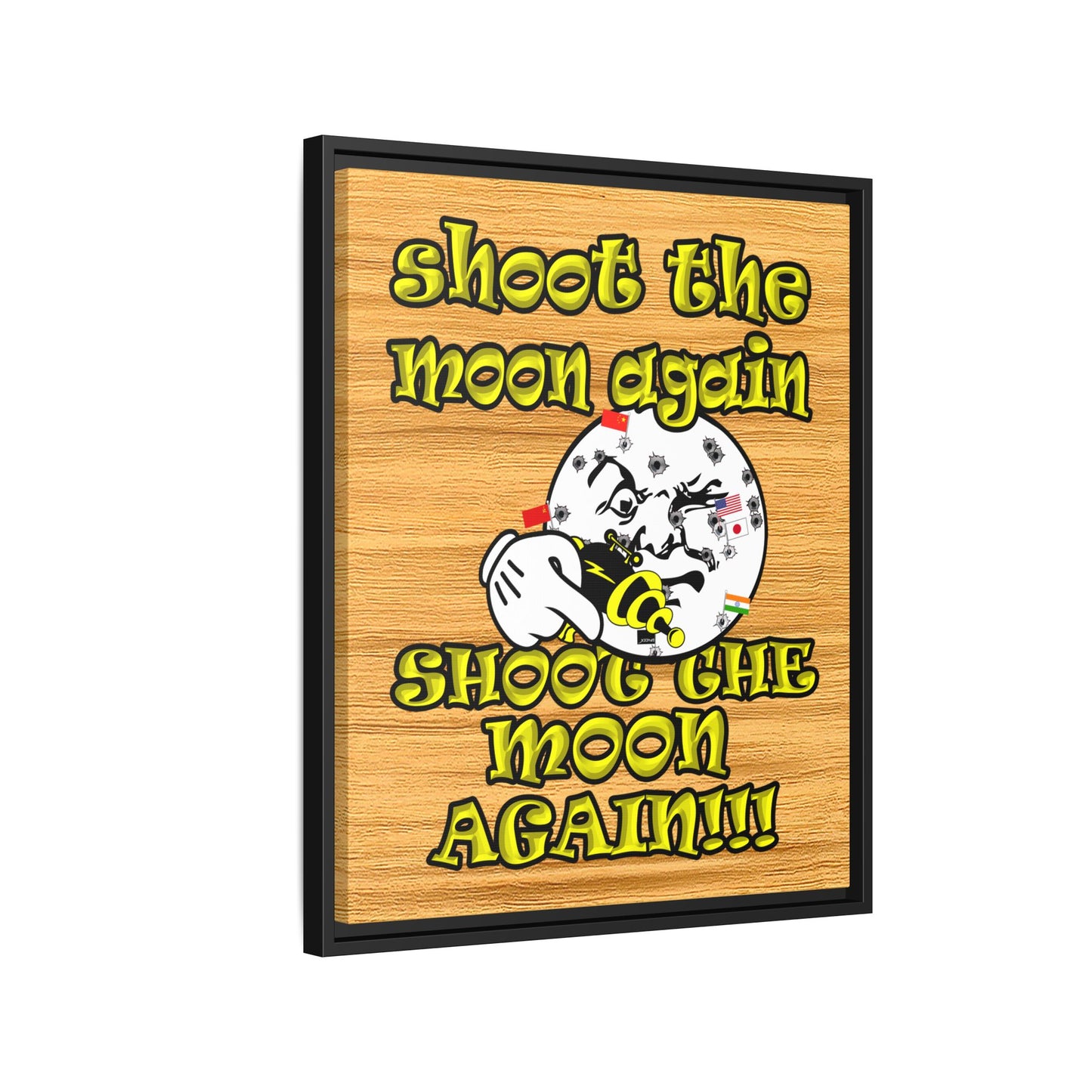 shoot the moon again - framed canvas art (butterscotch wood finish)