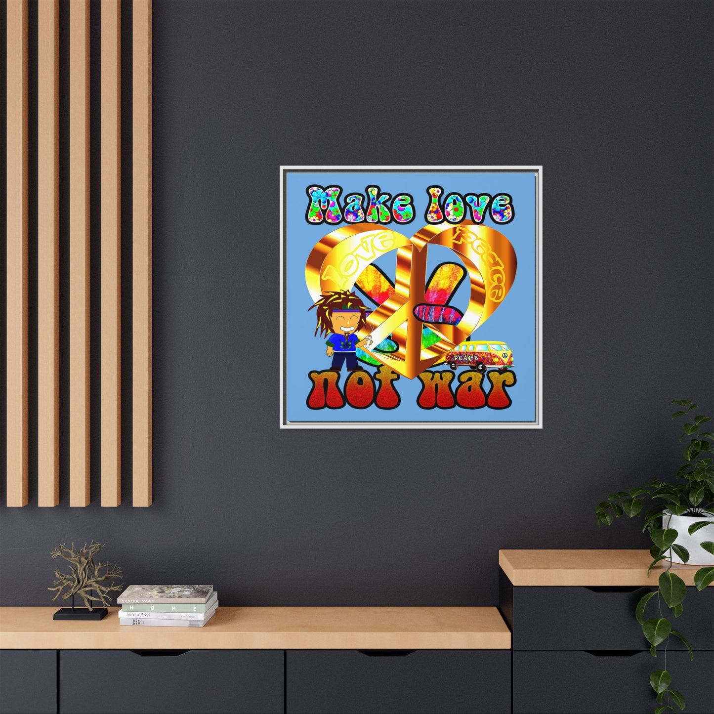 love peace - framed canvas art (light blue)