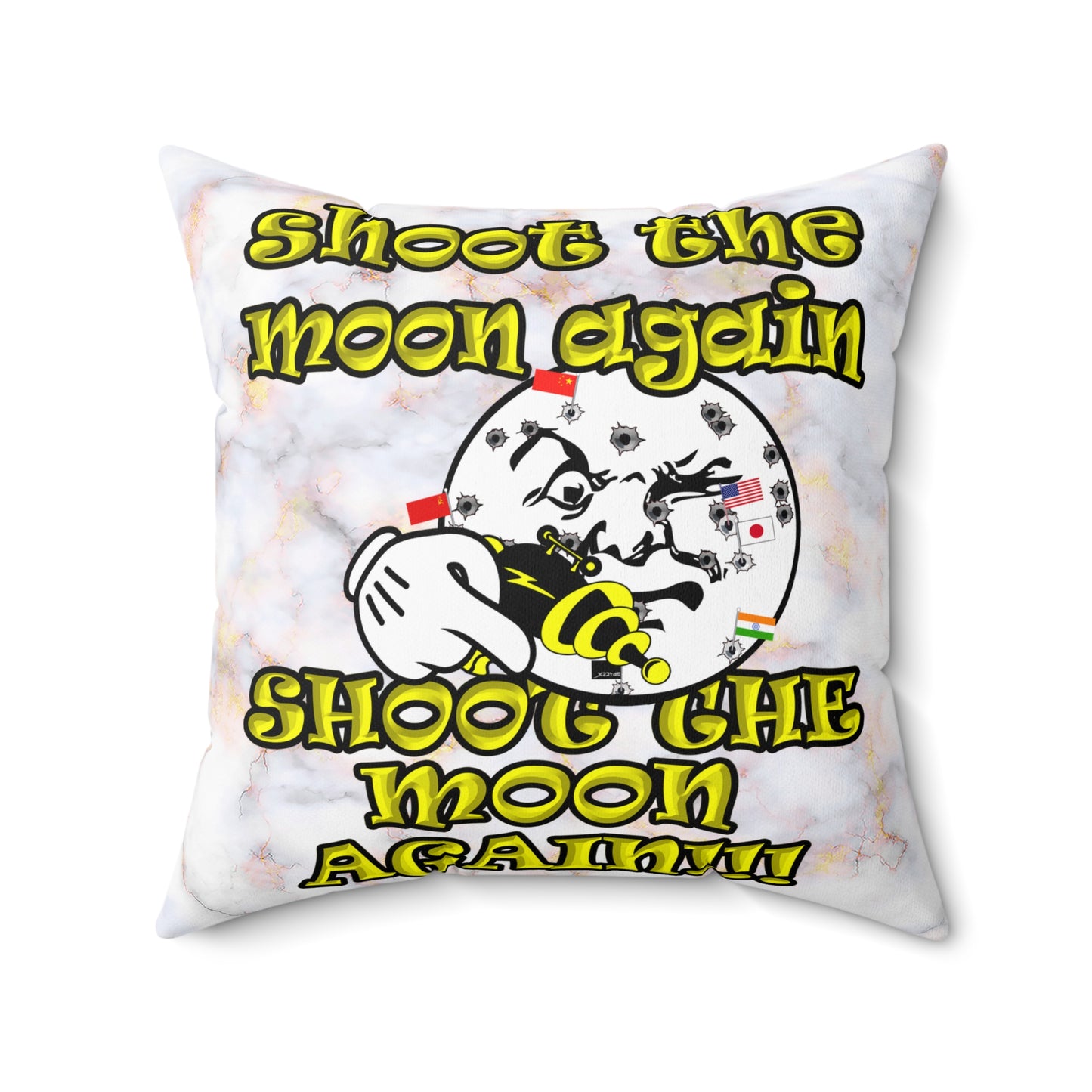 shoot the moon again - Spun Polyester Square Pillow - (white marble)