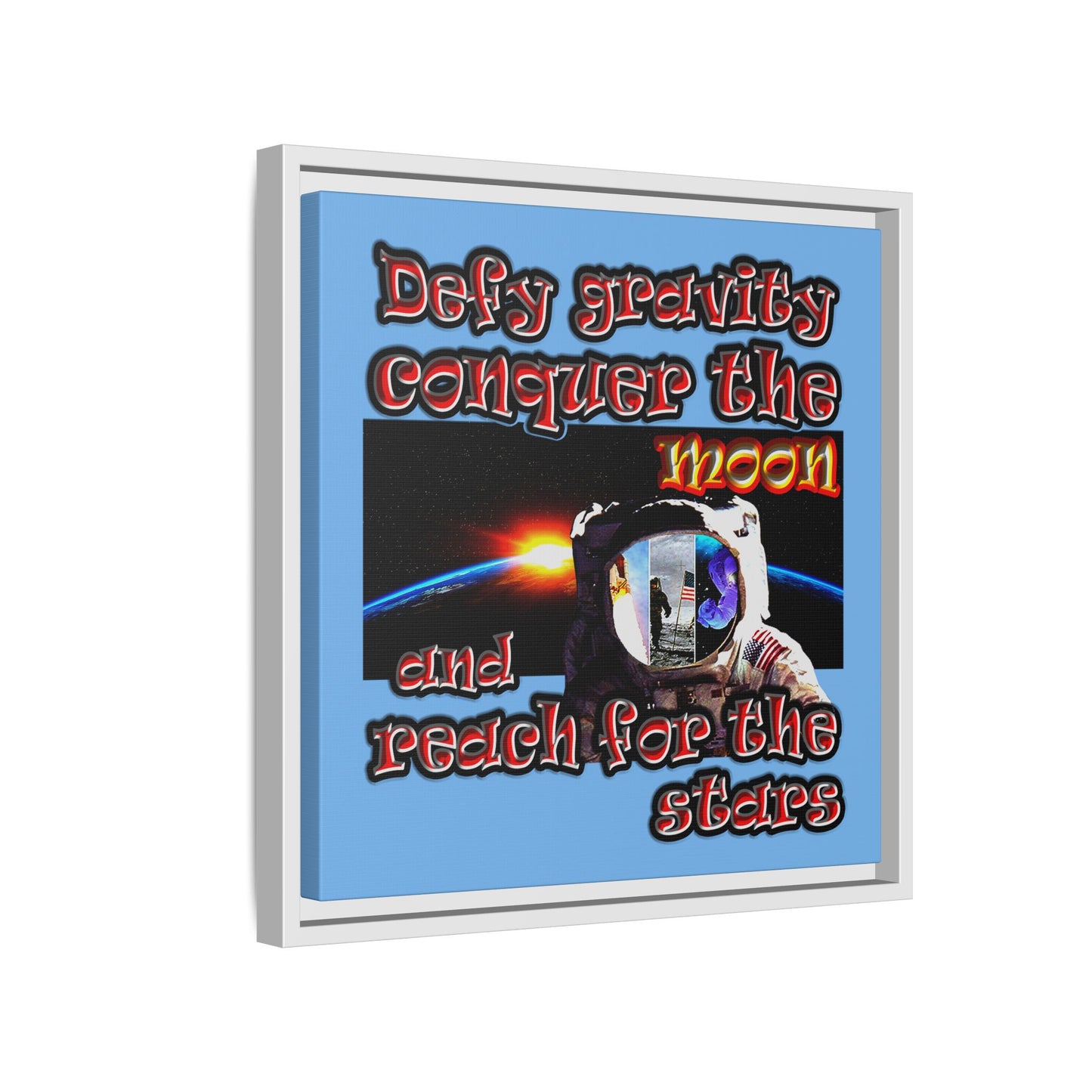 defy conquer reach - framed canvas art (light blue)