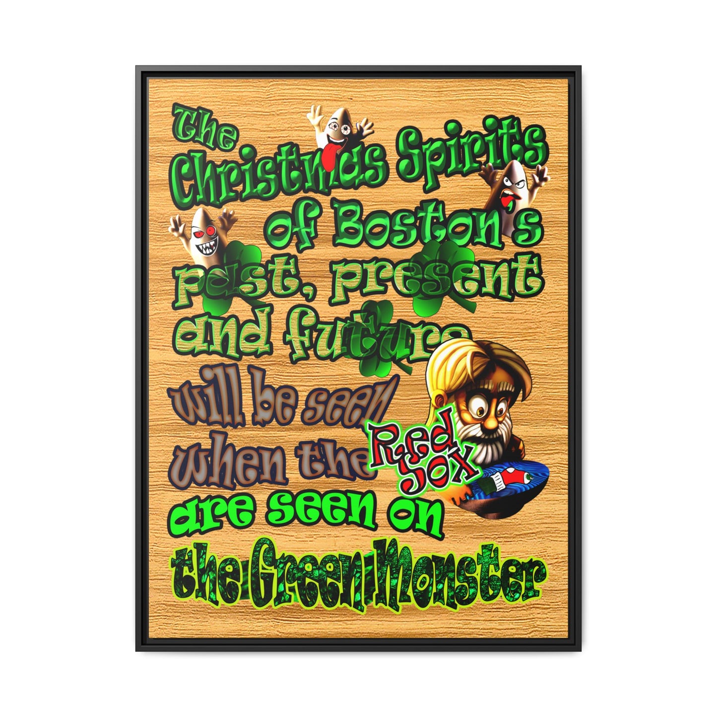 christmas spirits of boston - framed canvas art (butterscotch wood finish)