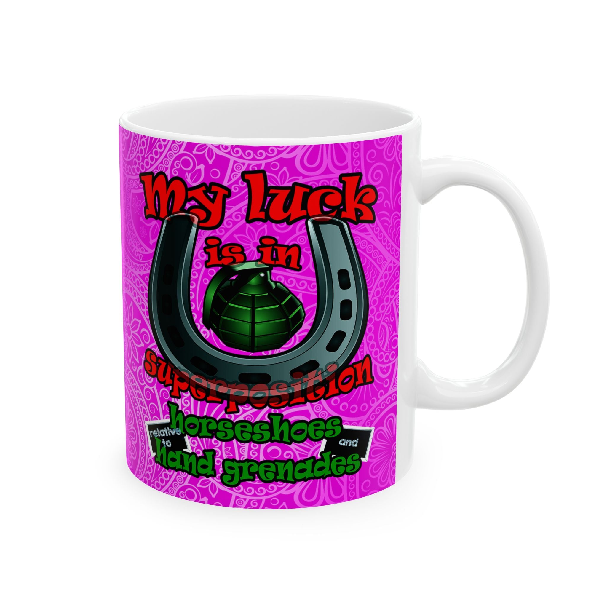 my luck - White Mug (pink swirl)