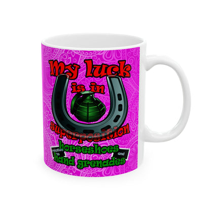 my luck - White Mug (pink swirl)